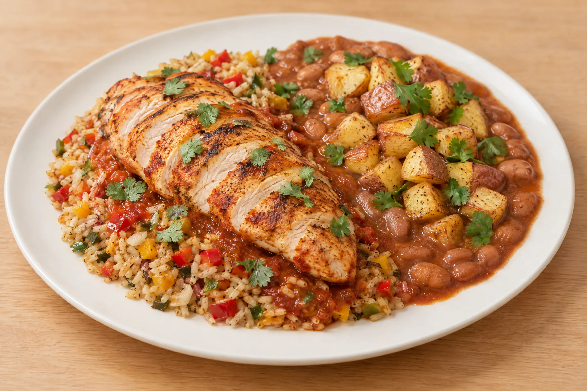 Sliced grilled chile-rubbed chicken breast on pepper-studded brown rice with red sauce, refried pinto beans and roasted potatoes. AI illustration, not a photo of the delivered meal. Appearance and portions vary.