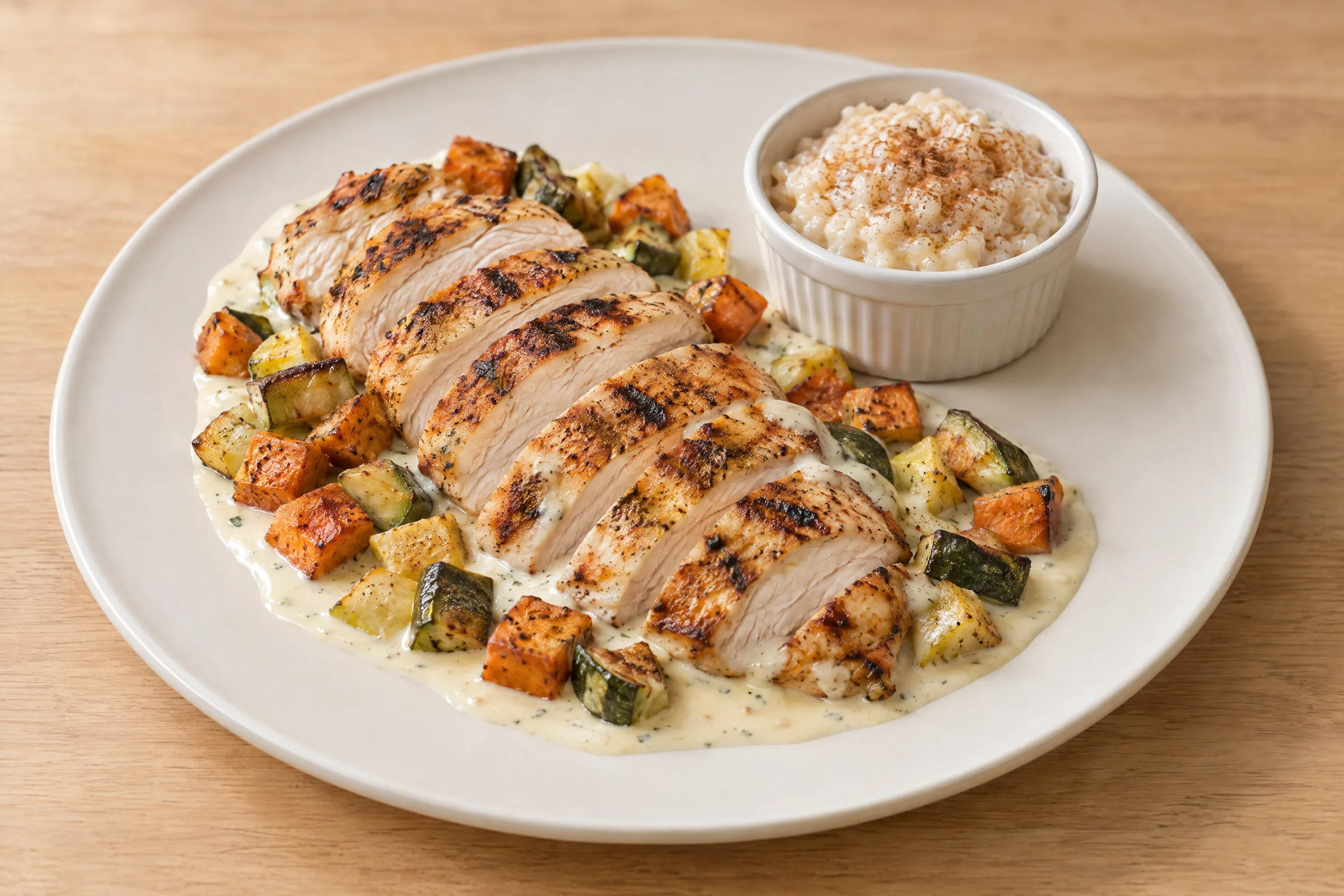 Sliced grilled chicken breast on white BBQ sauce with roasted sweet potatoes and zucchini, plus rice pudding. AI illustration, not a photo of the delivered meal. Appearance and portions vary.