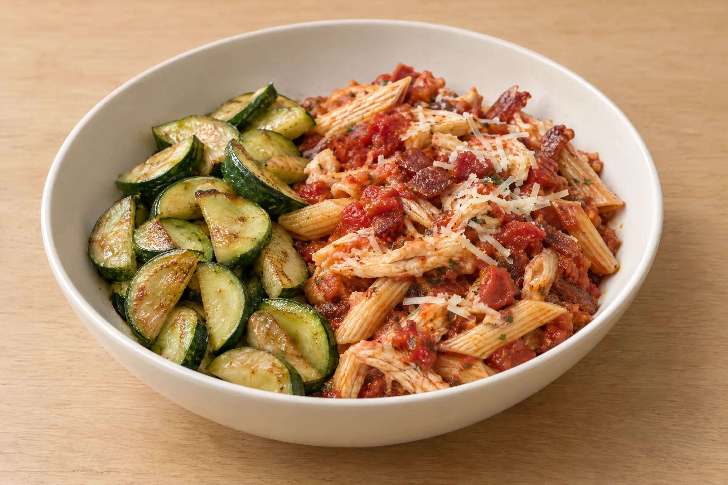 Penne in tomato sauce with shredded chicken, bacon and Parmesan, beside browned sauteed squash slices. AI illustration, not a photo of the delivered meal. Appearance and portions vary.