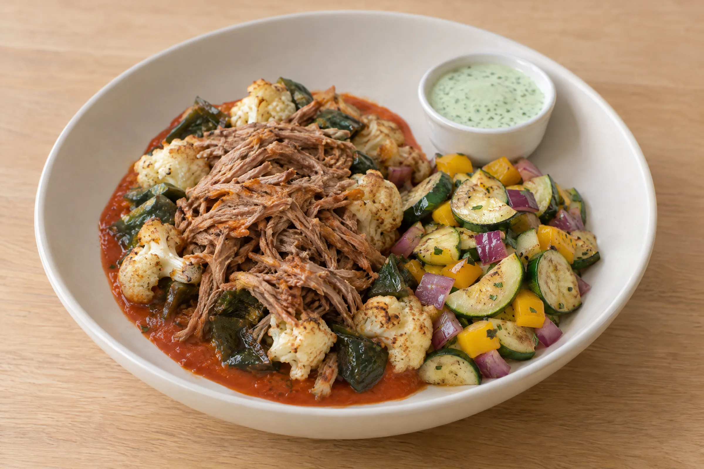 Shredded chile beef on red tomato sauce with cauliflower, poblano, squash, peppers, onion and cilantro crema. AI illustration, not a photo of the delivered meal. Appearance and portions vary.