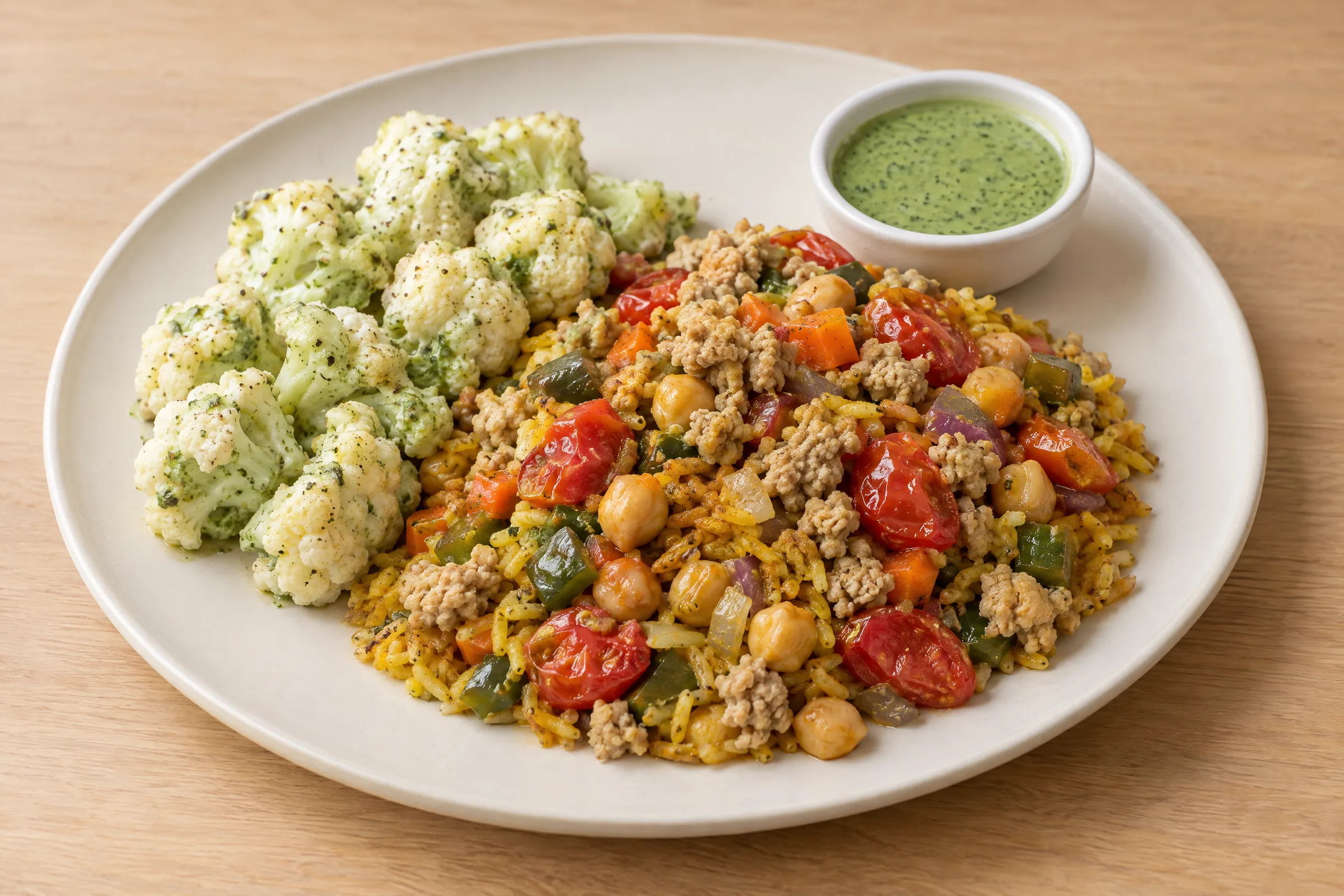 Cauliflower florets, ground pork, turmeric chickpea rice with tomatoes and peppers, and green chutney on the side. AI illustration, not a photo of the delivered meal. Appearance and portions vary.