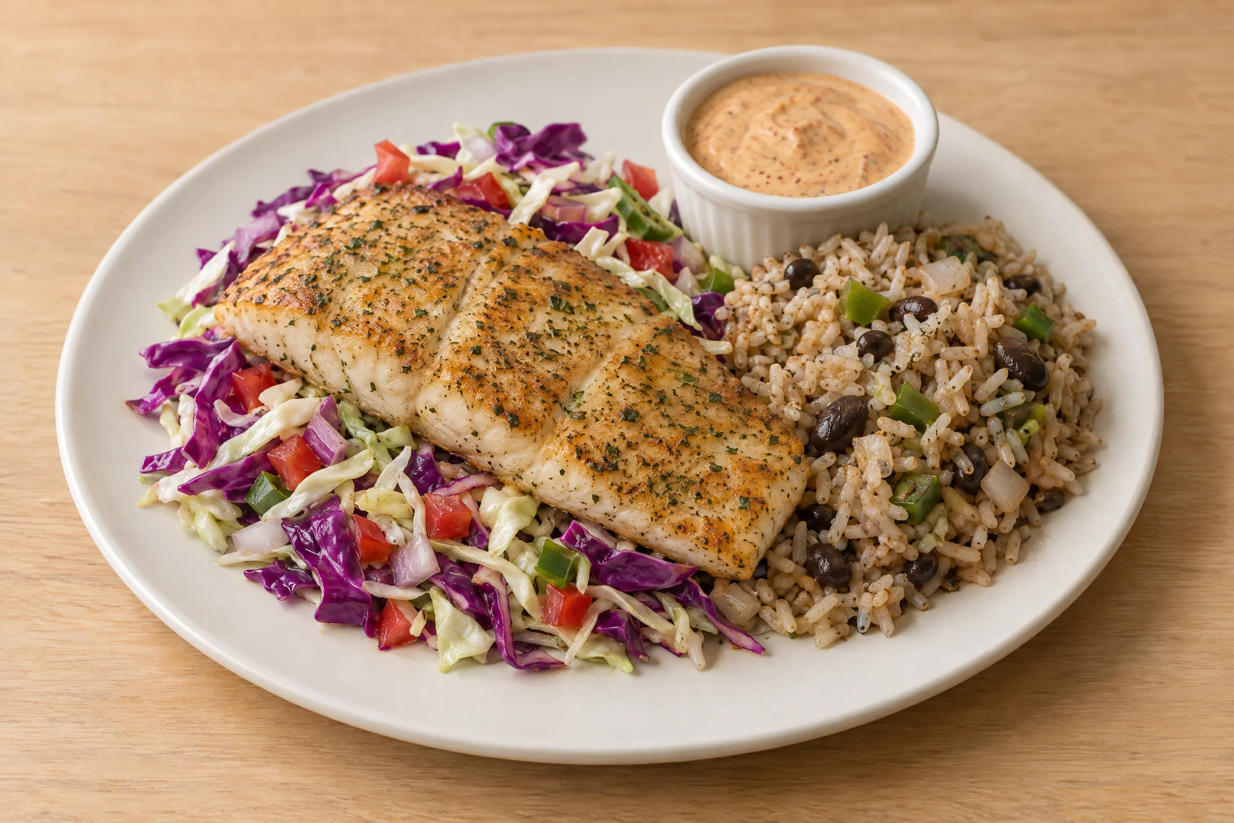 A seared barramundi fillet on cabbage pico de gallo with black bean brown rice and chipotle lime yogurt. AI illustration, not a photo of the delivered meal. Appearance and portions vary.