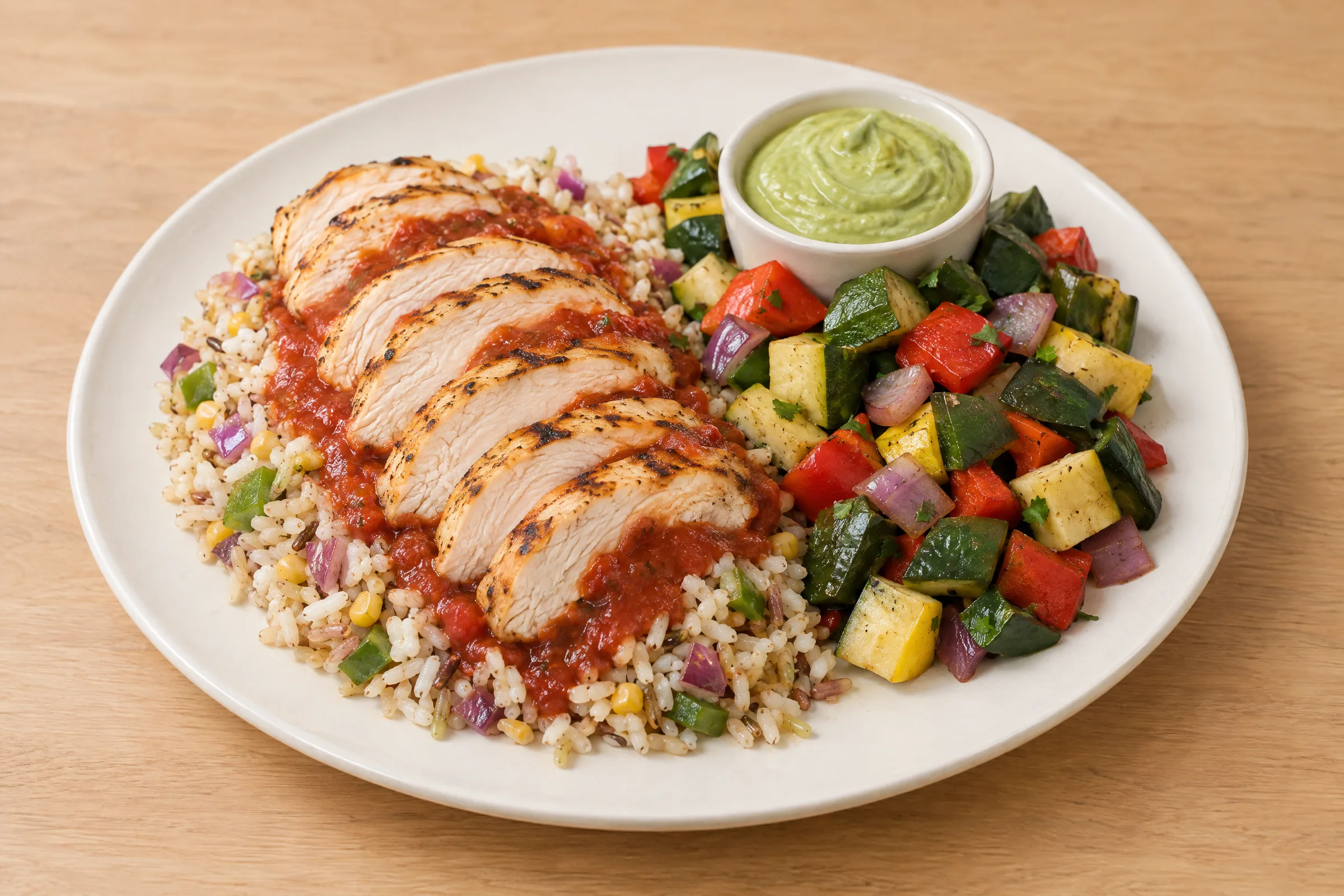 Sliced grilled chicken over brown rice with red enchilada sauce, roasted peppers, squash, onion and guacamole. AI illustration, not a photo of the delivered meal. Appearance and portions vary.