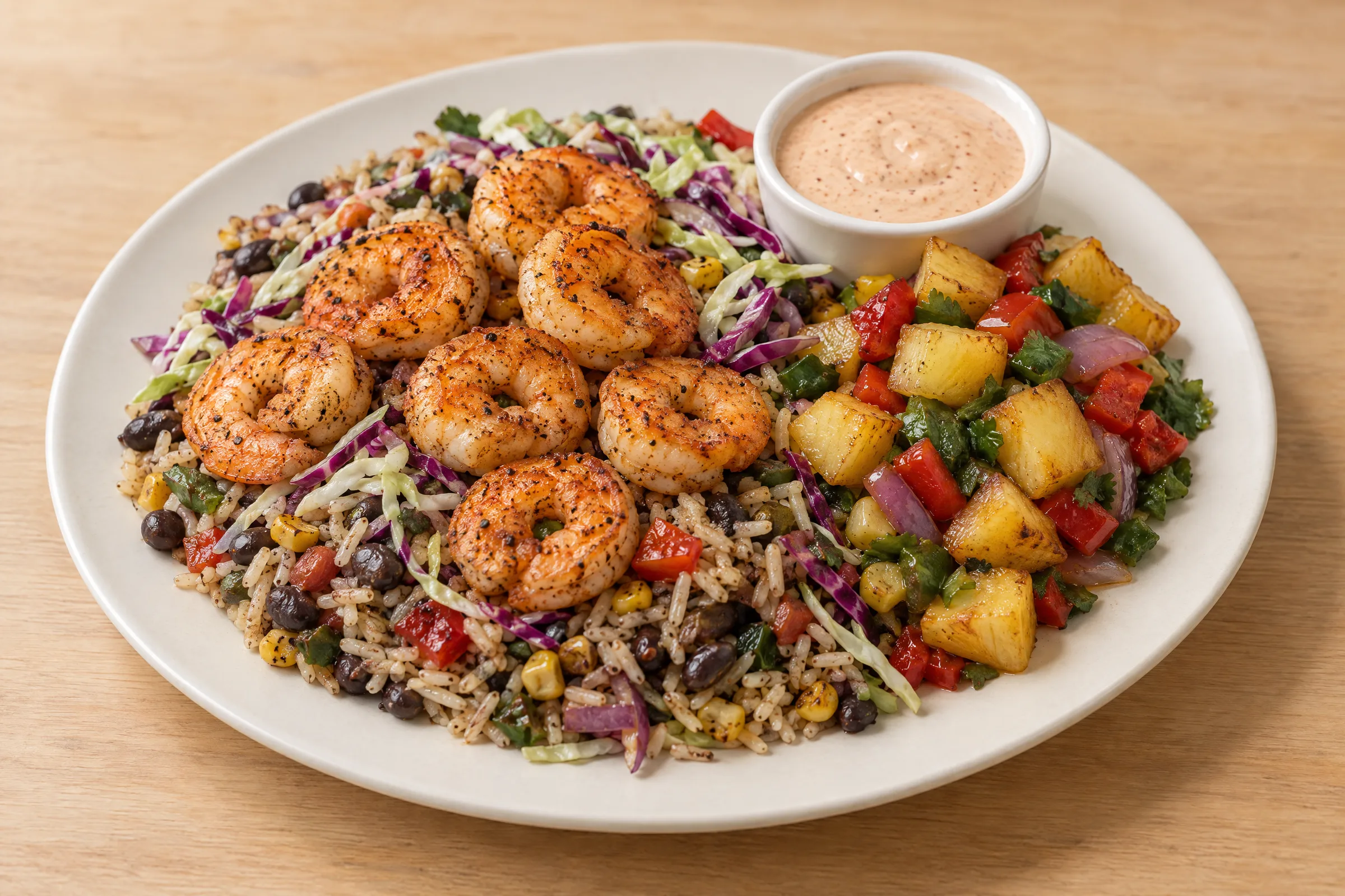 Seared chipotle shrimp over brown rice with black beans, corn, cabbage, charred pineapple salsa and chipotle crema. AI illustration, not a photo of the delivered meal. Appearance and portions vary.