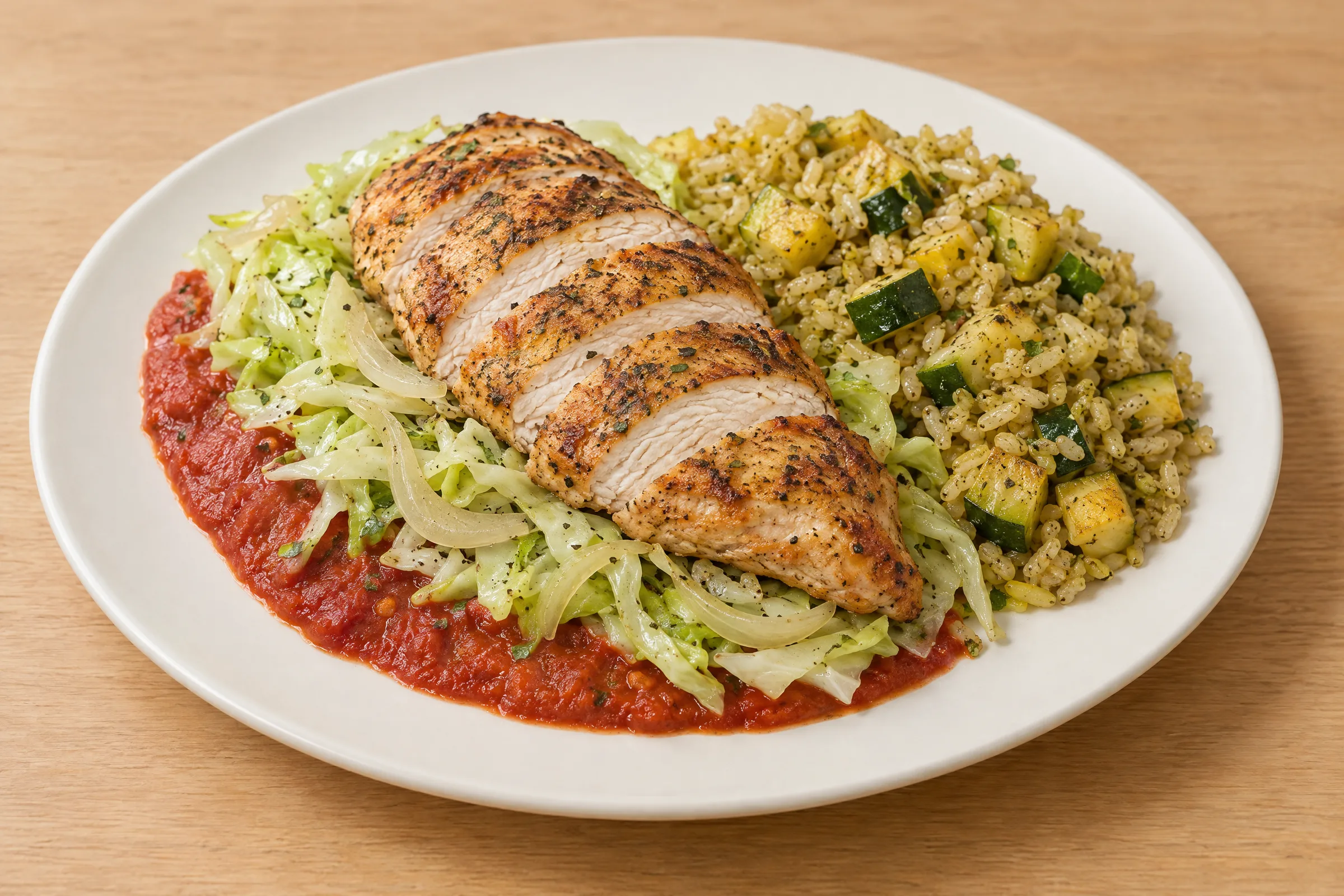 Sliced grilled chicken breast over cabbage and tomato sauce, with turmeric brown rice and diced zucchini. AI illustration, not a photo of the delivered meal. Appearance and portions vary.