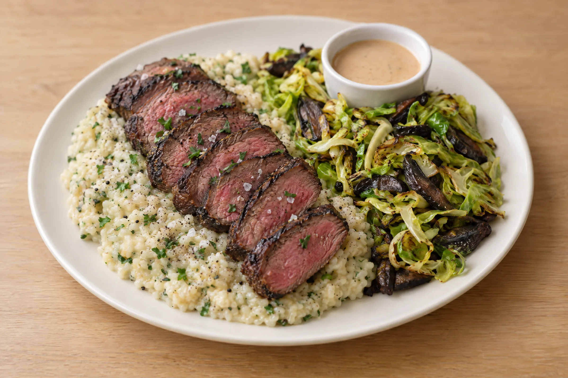 Sliced medium-rare filet mignon on creamy Parmesan risotto with shaved Brussels sprouts, seared mushrooms, and a sauce cup. AI illustration, not a photo of the delivered meal. Appearance and portions vary.