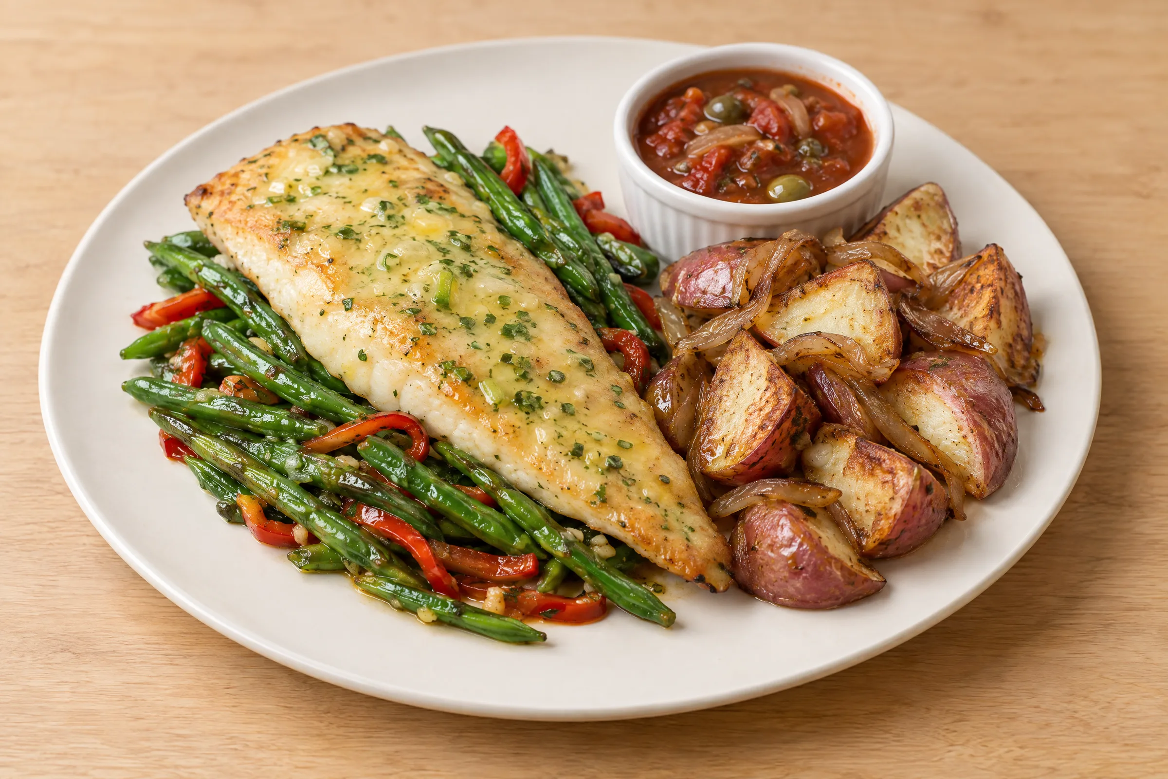 A butter-glazed barramundi fillet over green beans and peppers with roasted red potatoes, caramelized onions, and tomato Veracruzana sauce. AI illustration, not a photo of the delivered meal. Appearance and portions vary.