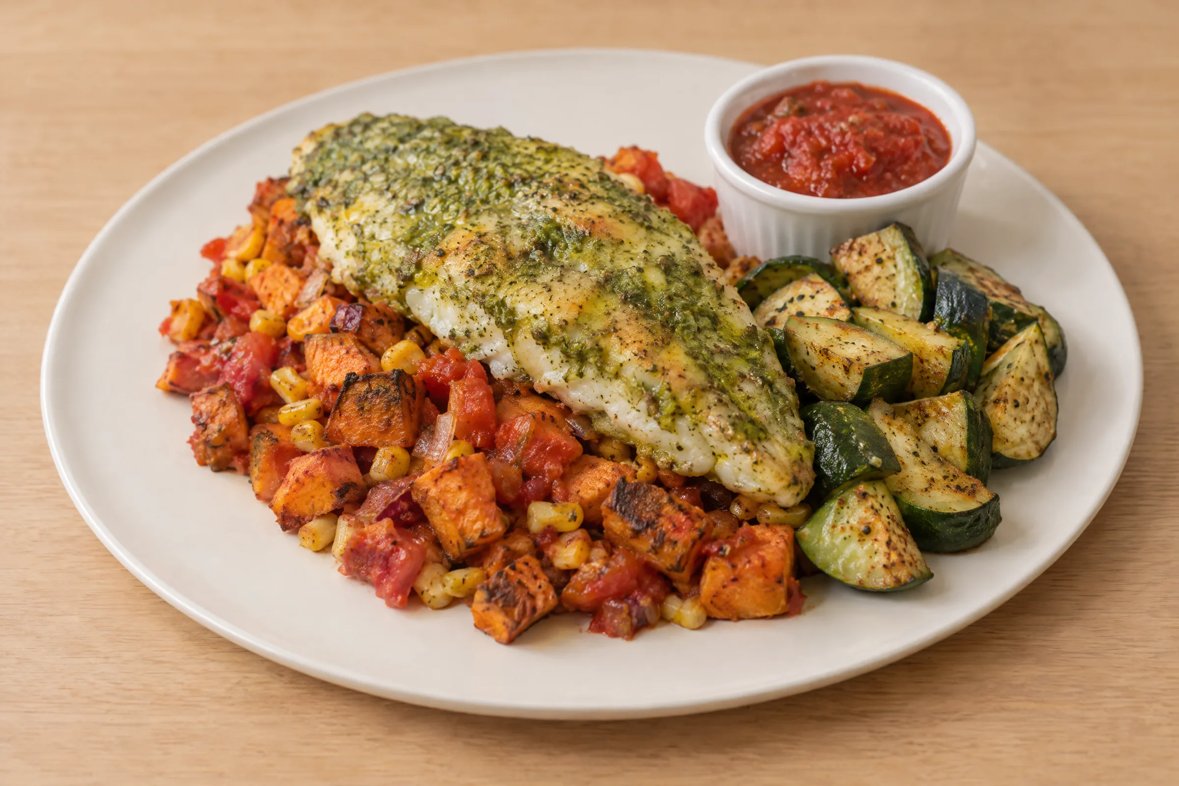 A green herb-crusted barramundi fillet over sweet potato and corn hash with zucchini and tomato salsa. AI illustration, not a photo of the delivered meal. Appearance and portions vary.