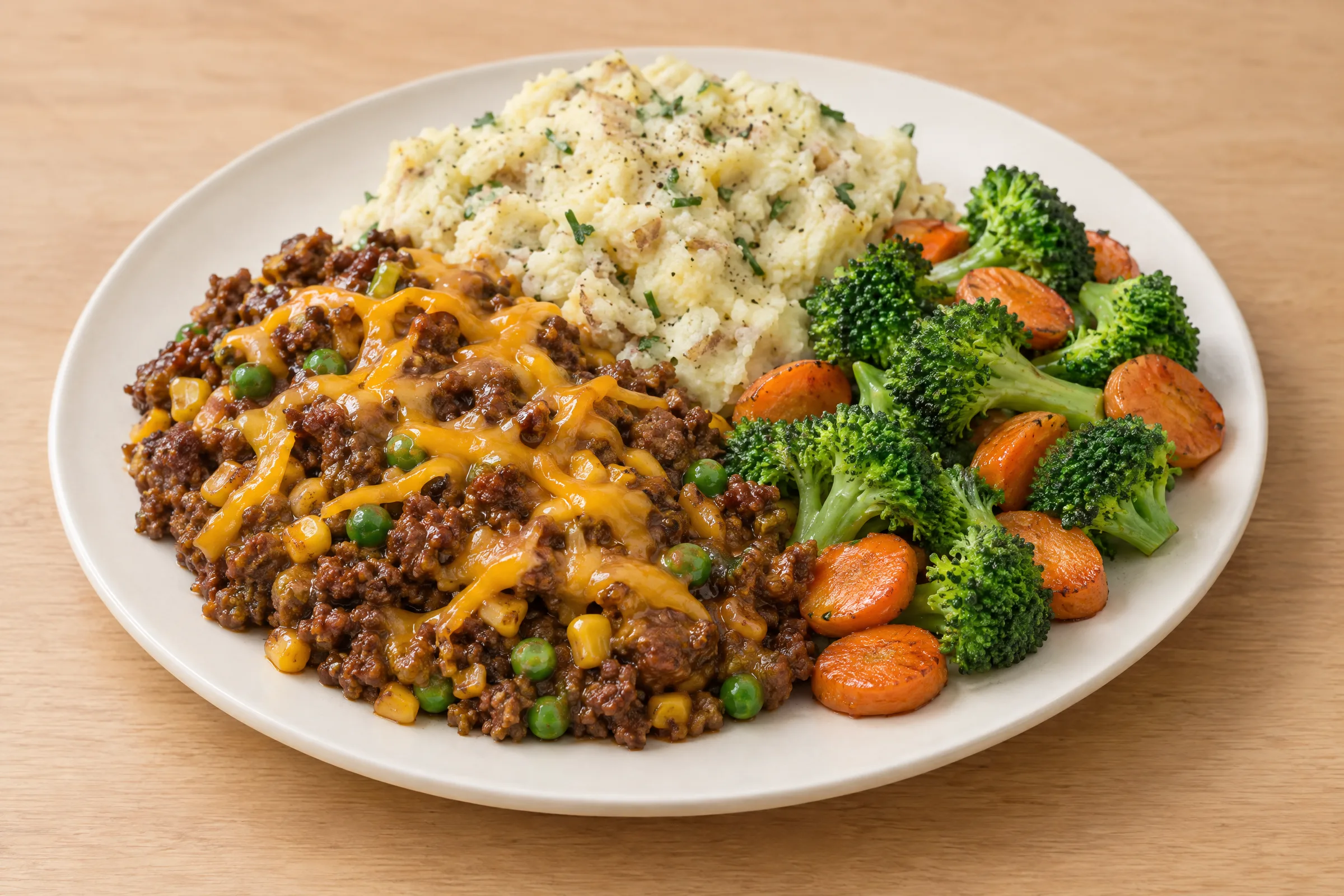 Cheddar-topped ground beef with peas, rustic mashed potatoes, broccoli florets and roasted carrot coins. AI illustration, not a photo of the delivered meal. Appearance and portions vary.
