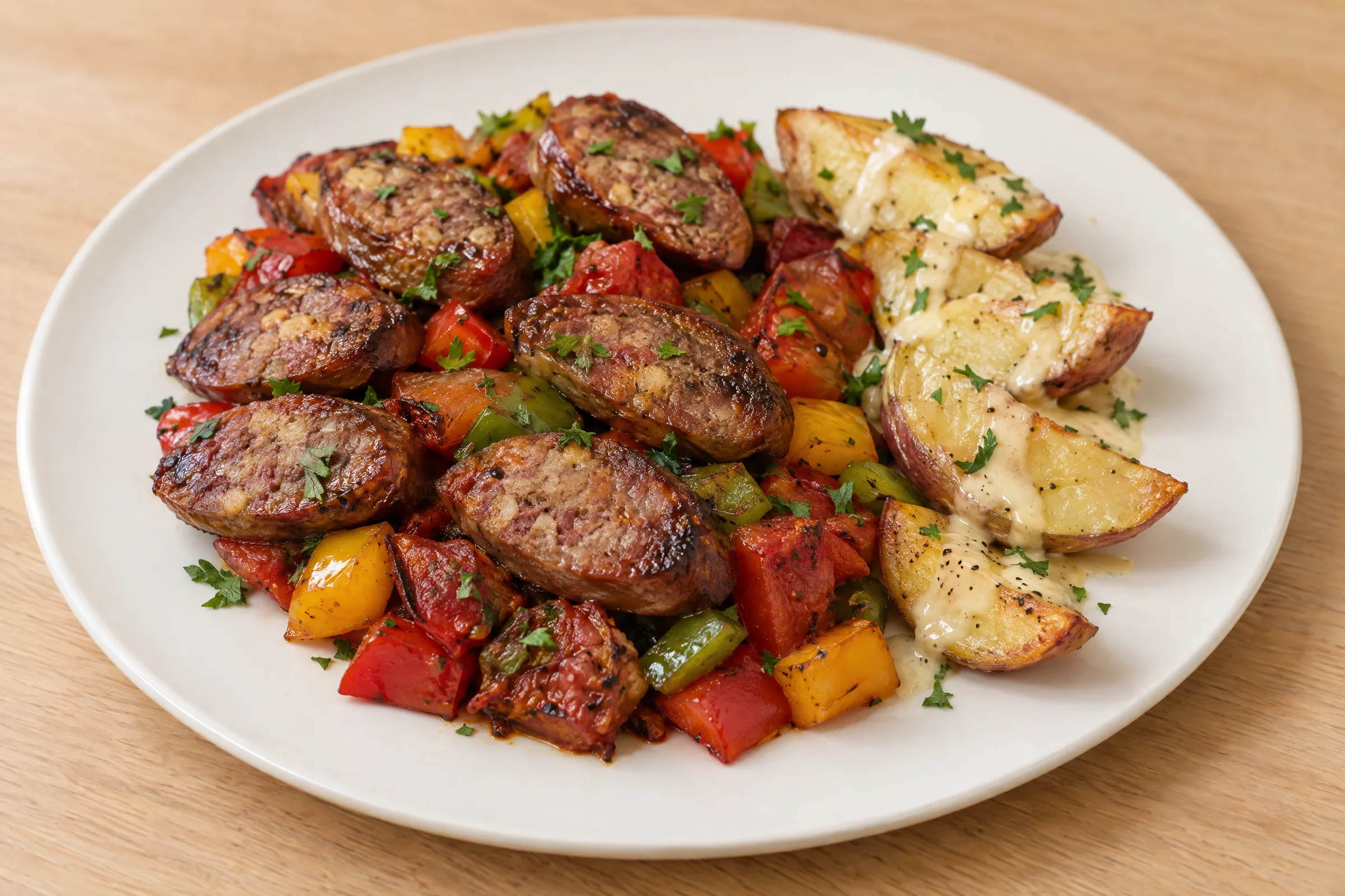Sliced smoked bratwurst over roasted peppers and tomatoes, with cheese-sauce-covered roasted red potato wedges. AI illustration, not a photo of the delivered meal. Appearance and portions vary.