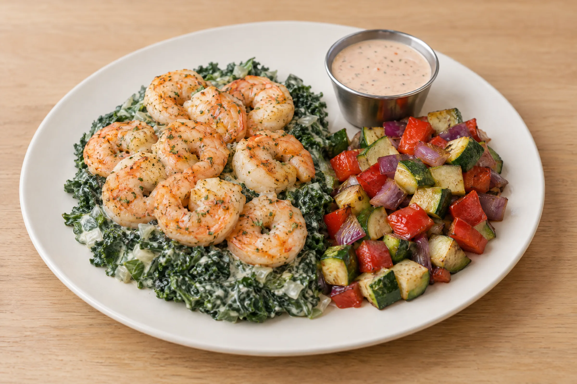 Garlic butter shrimp over creamed kale with roasted zucchini, peppers and onions, plus a pink dipping sauce. AI illustration, not a photo of the delivered meal. Appearance and portions vary.