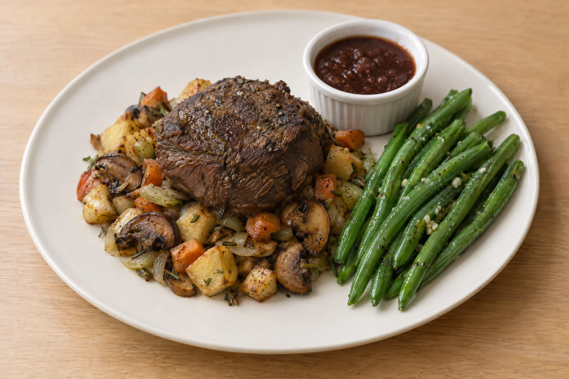 A whole braised short rib on roasted potatoes, mushrooms and carrots, with green beans and sauce. AI illustration, not a photo of the delivered meal. Appearance and portions vary.
