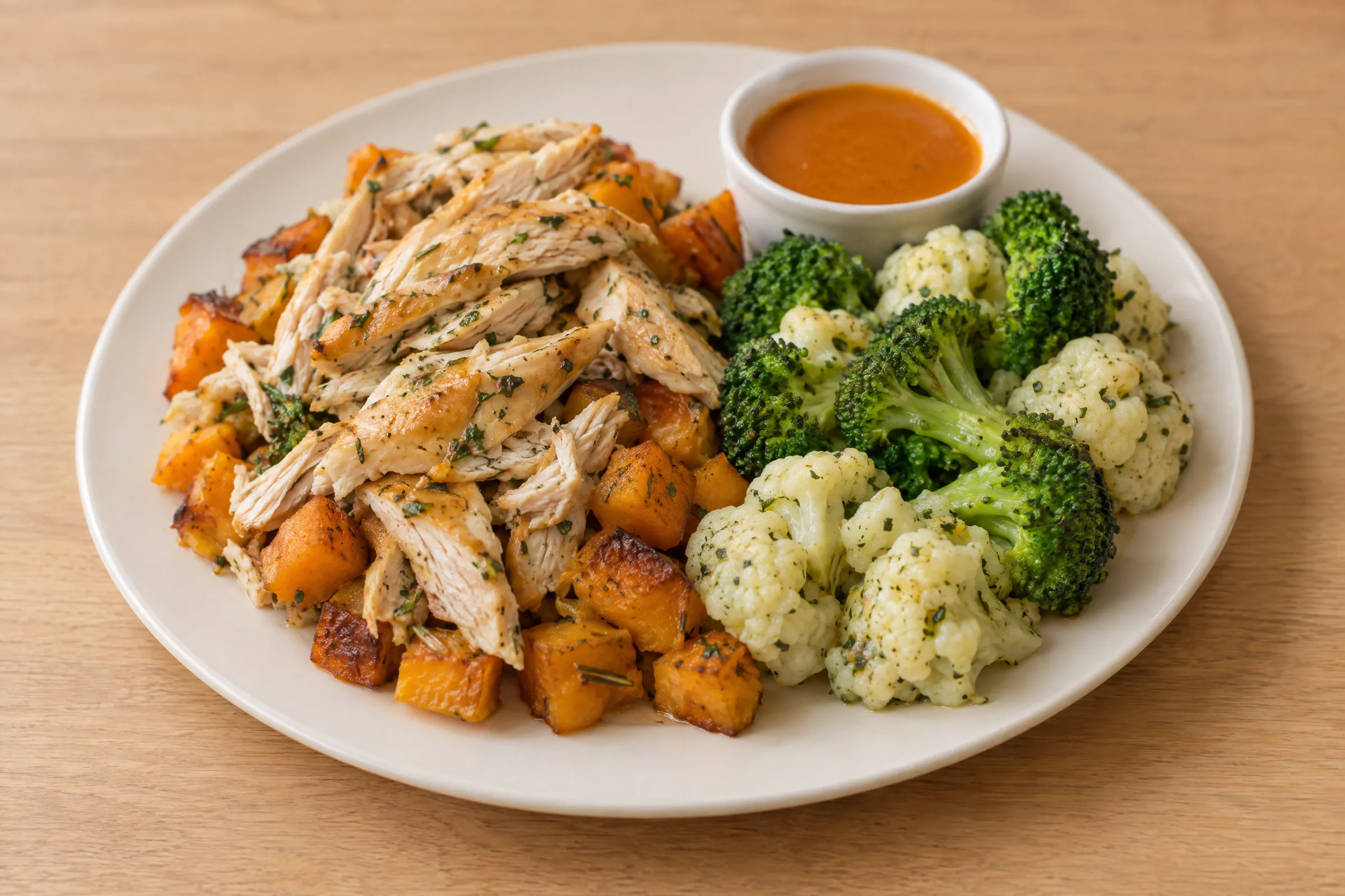Shredded herb-butter chicken with roasted butternut squash cubes, broccoli and cauliflower florets, and a small cup of orange sauce. AI illustration, not a photo of the delivered meal. Appearance and portions vary.