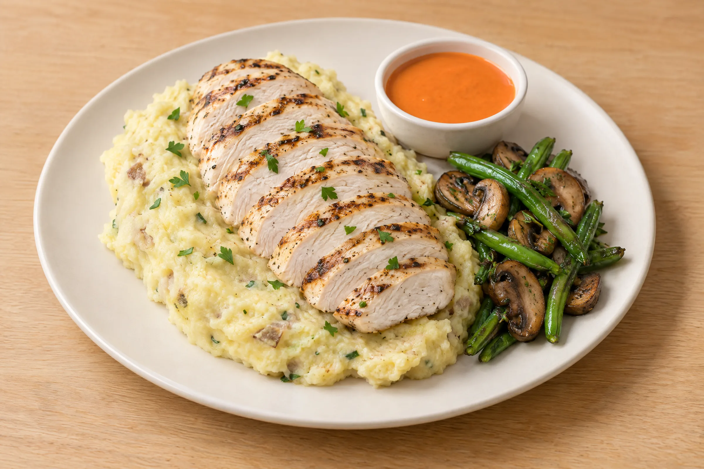 Sliced grilled chicken breast over Yukon gold mashed potatoes with roasted green beans, mushrooms, and orange dipping sauce. AI illustration, not a photo of the delivered meal. Appearance and portions vary.