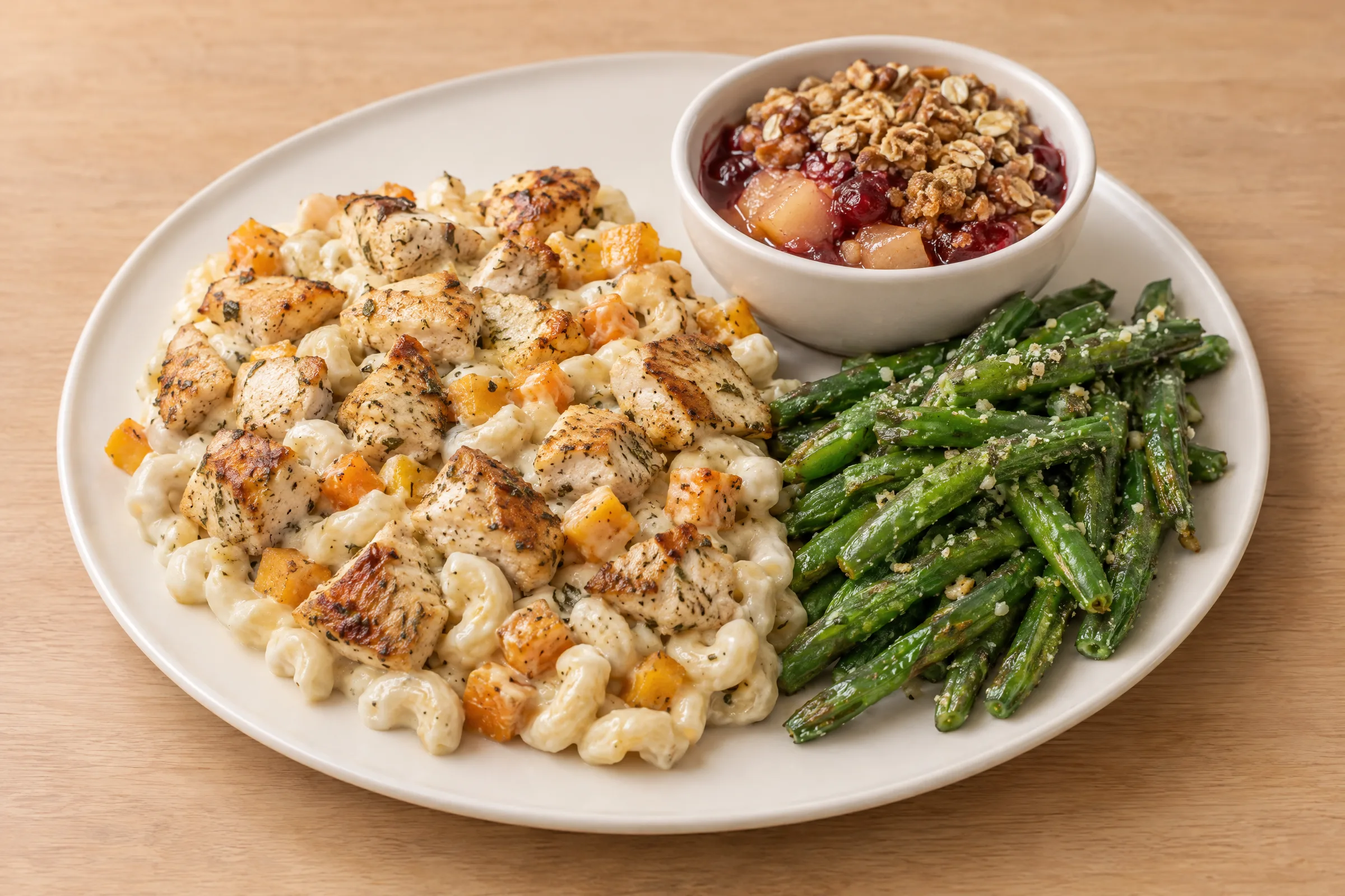 Seared chicken chunks over creamy macaroni with butternut squash, green beans, and an apple cranberry crumble cup. AI illustration, not a photo of the delivered meal. Appearance and portions vary.