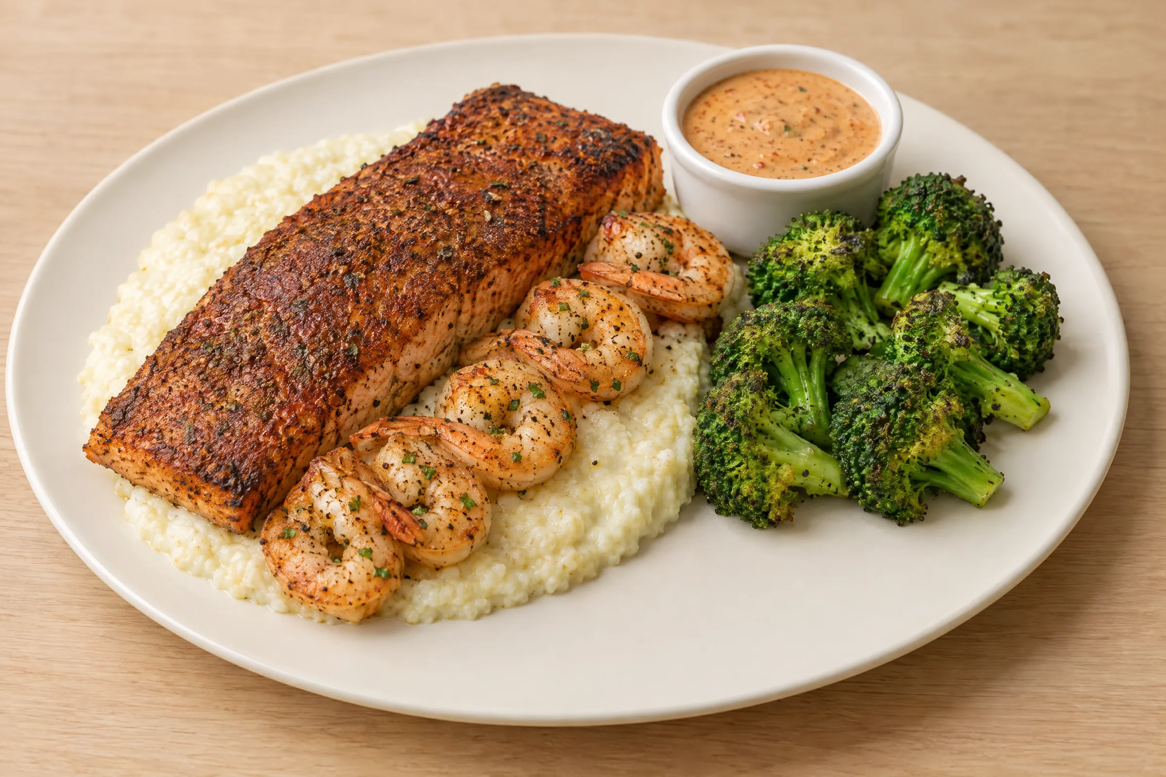Spiced salmon fillet and shrimp over creamy cauliflower grits with roasted broccoli and a side of Creole sauce. AI illustration, not a photo of the delivered meal. Appearance and portions vary.