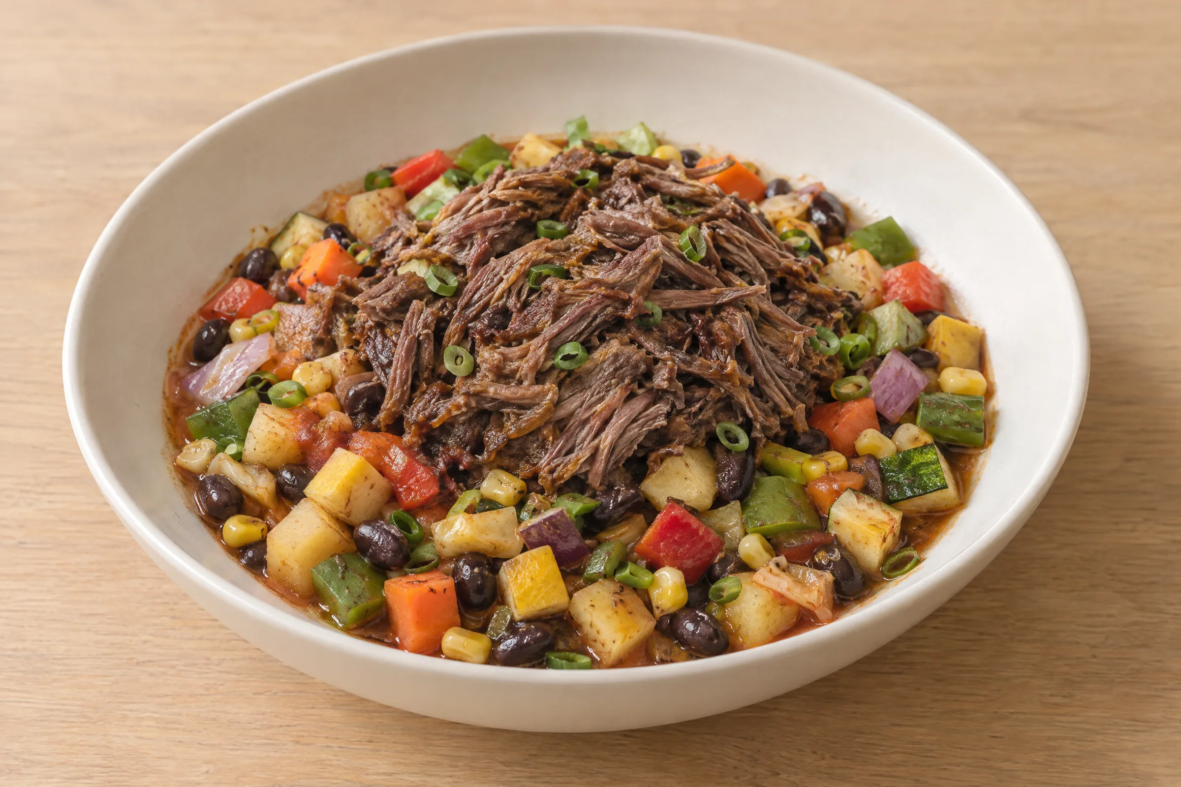 Shredded beef piled over diced potatoes, squash, carrots, peppers, black beans and corn in broth. AI illustration, not a photo of the delivered meal. Appearance and portions vary.