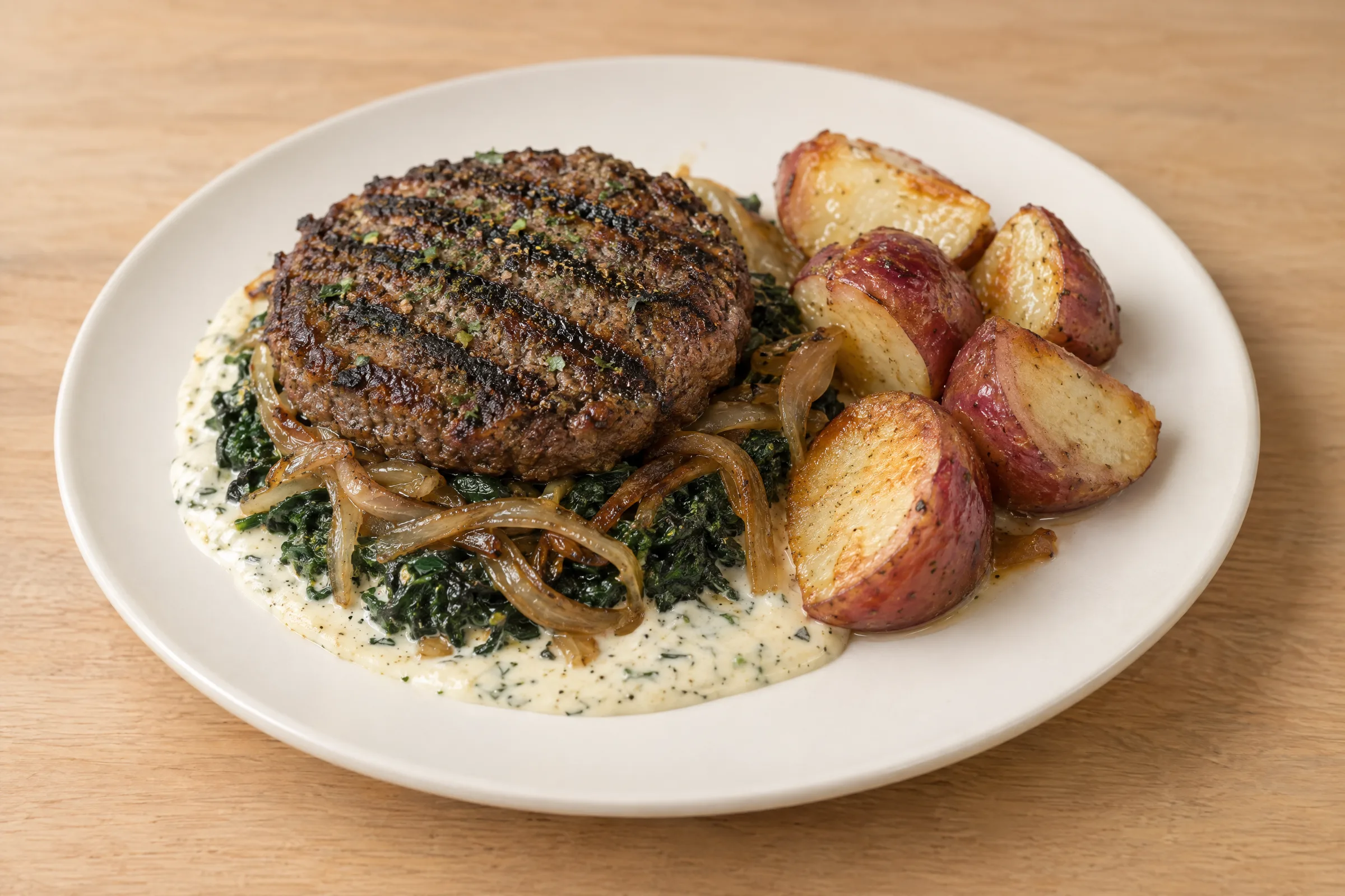 A grilled beef burger patty on wilted spinach and caramelized onions in cream sauce, with roasted red potatoes. AI illustration, not a photo of the delivered meal. Appearance and portions vary.