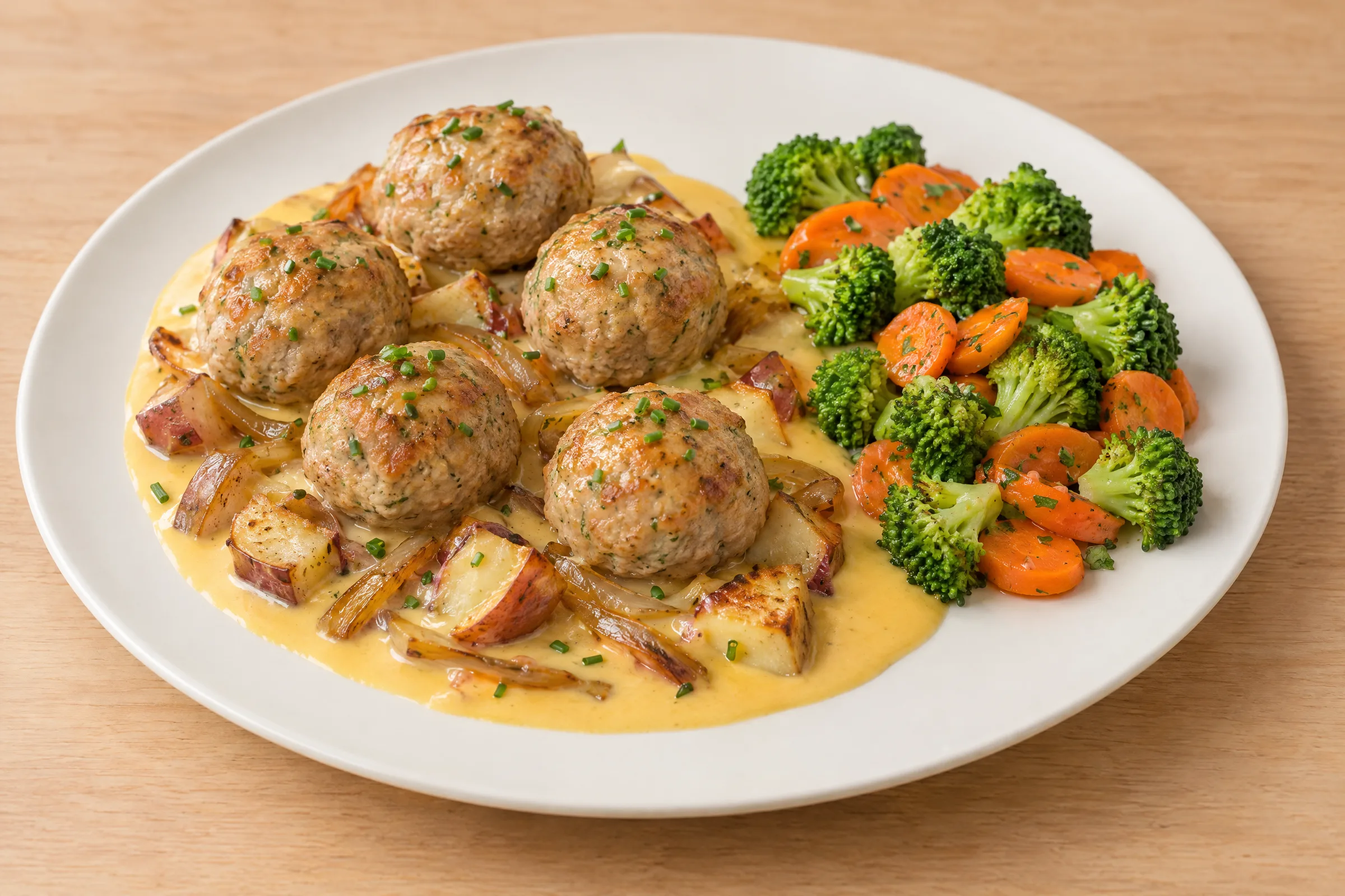 Five beef meatballs over cheesy sauced red potatoes and caramelized onions, with broccoli and carrots alongside. AI illustration, not a photo of the delivered meal. Appearance and portions vary.