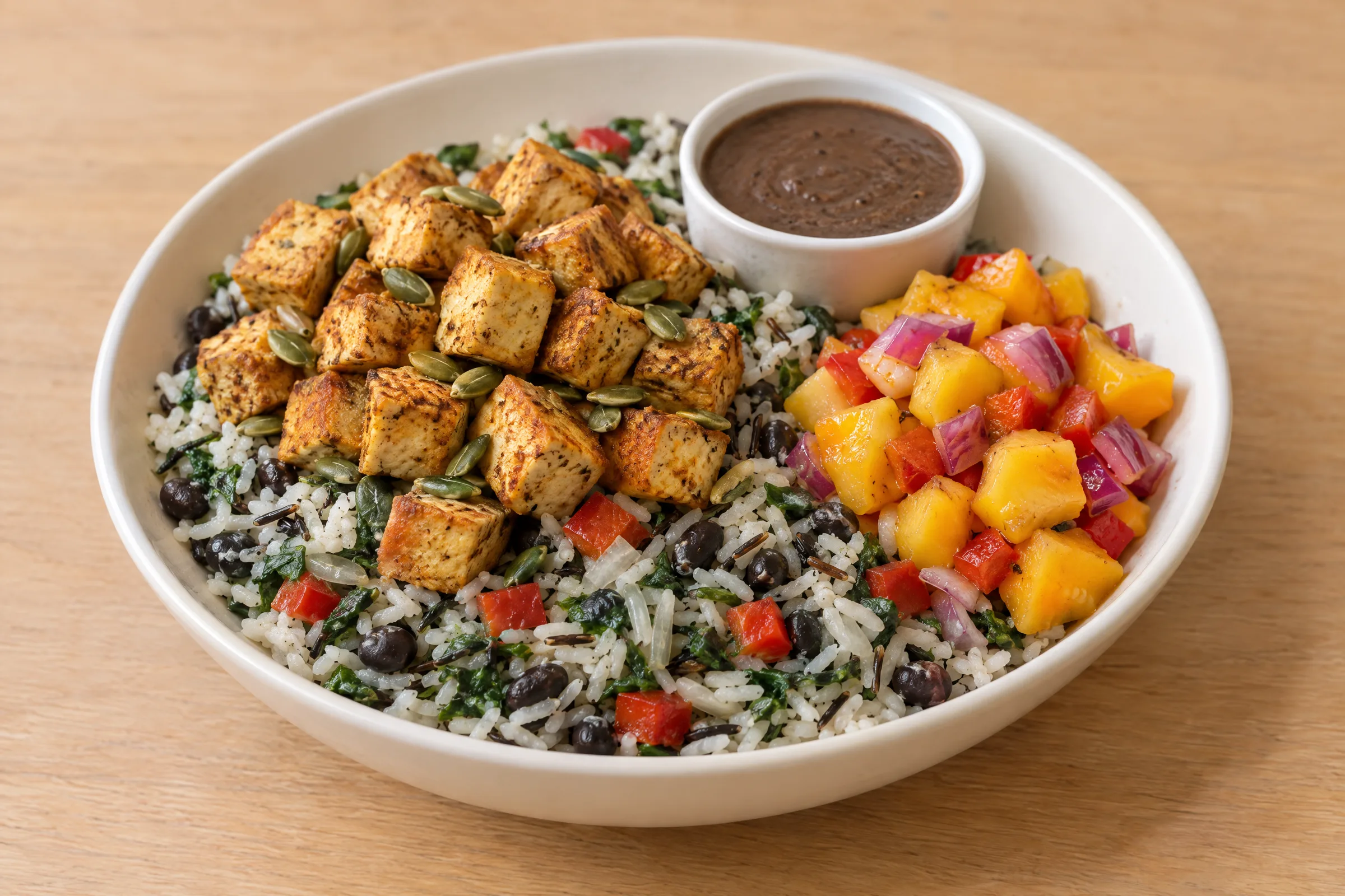 Spiced tofu cubes over herbed rice with black beans, mango salsa and a cup of dark jerk sauce. AI illustration, not a photo of the delivered meal. Appearance and portions vary.