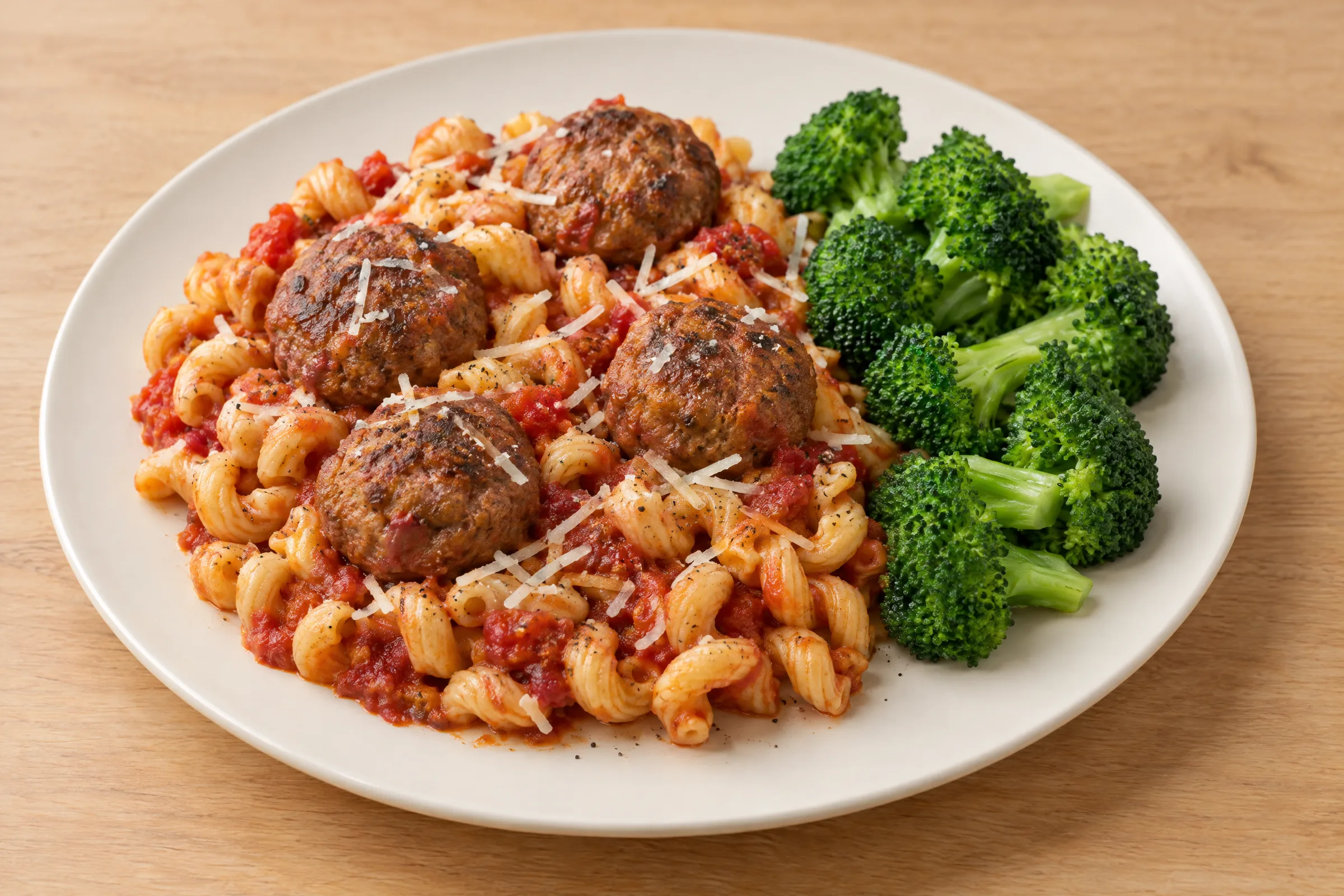 Four seared beef meatballs on marinara-tossed cavatappi with shredded Parmesan, served with bright green garlic broccoli florets. AI illustration, not a photo of the delivered meal. Appearance and portions vary.