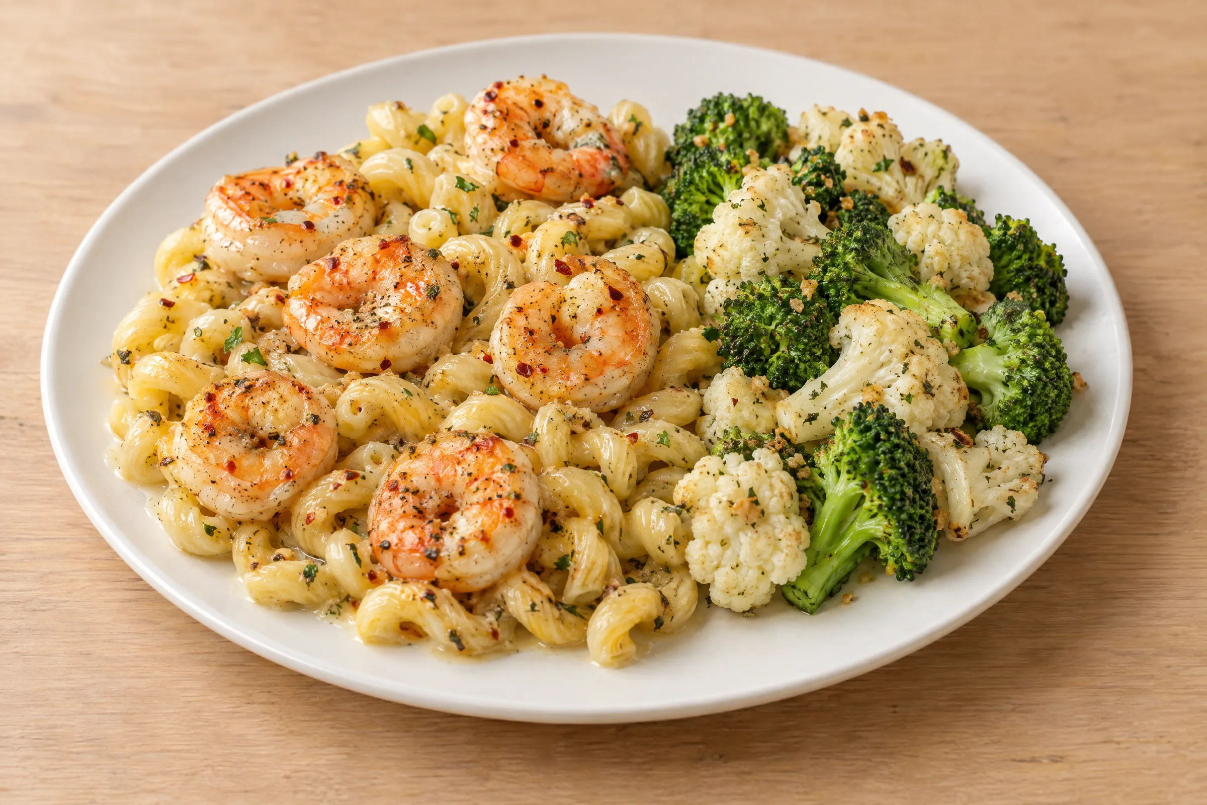 Corkscrew pasta in a buttery garlic sauce topped with seared shrimp, with roasted cauliflower and broccoli alongside. AI illustration, not a photo of the delivered meal. Appearance and portions vary.
