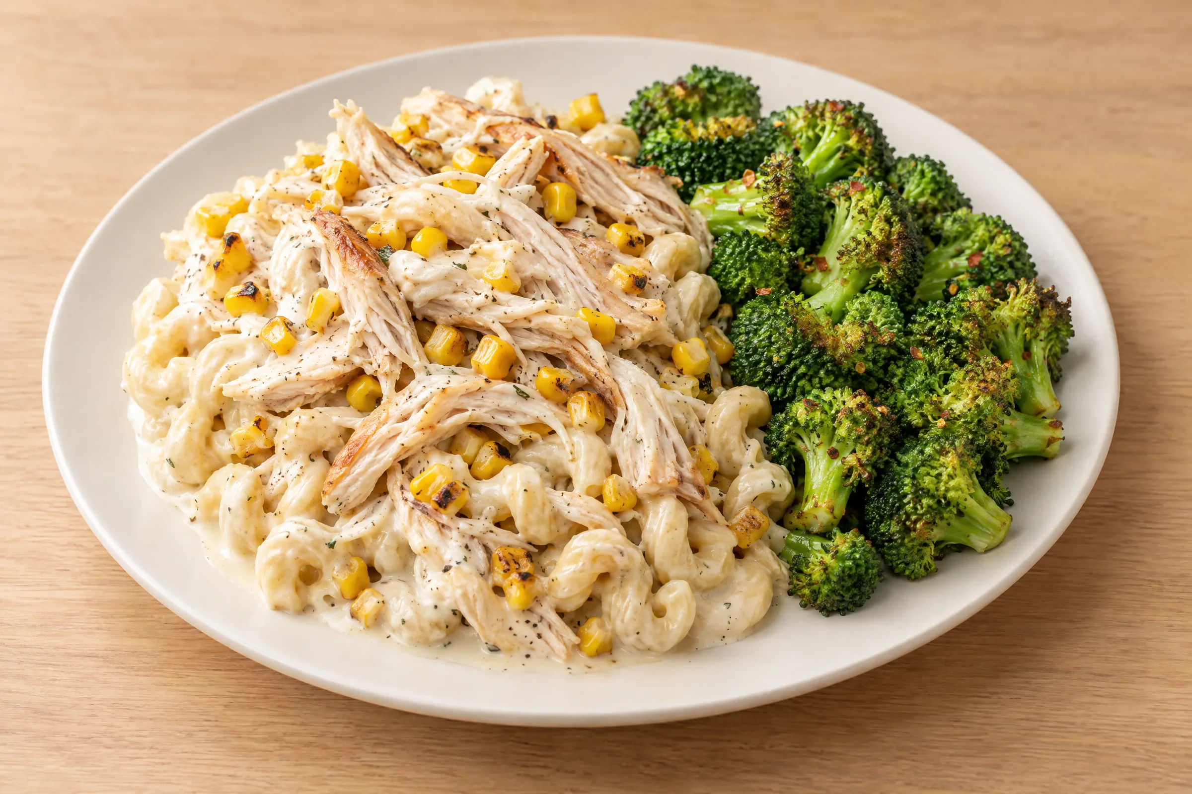 Creamy cavatappi pasta topped with shredded chicken and charred corn, with roasted broccoli florets alongside. AI illustration, not a photo of the delivered meal. Appearance and portions vary.