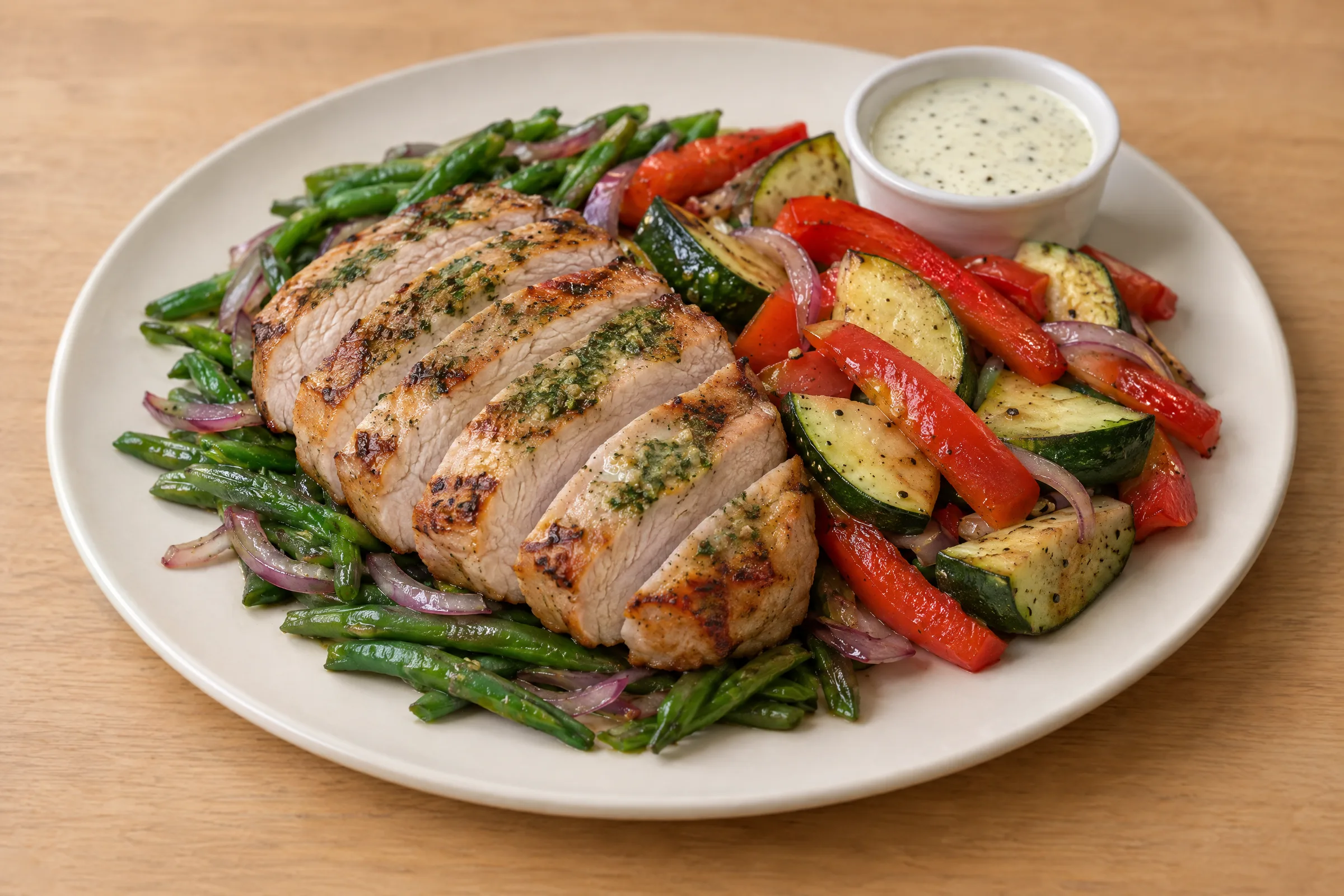 A sliced smoked pork chop on green beans and red onion, with zucchini, red peppers and a creamy white dipping sauce. AI illustration, not a photo of the delivered meal. Appearance and portions vary.
