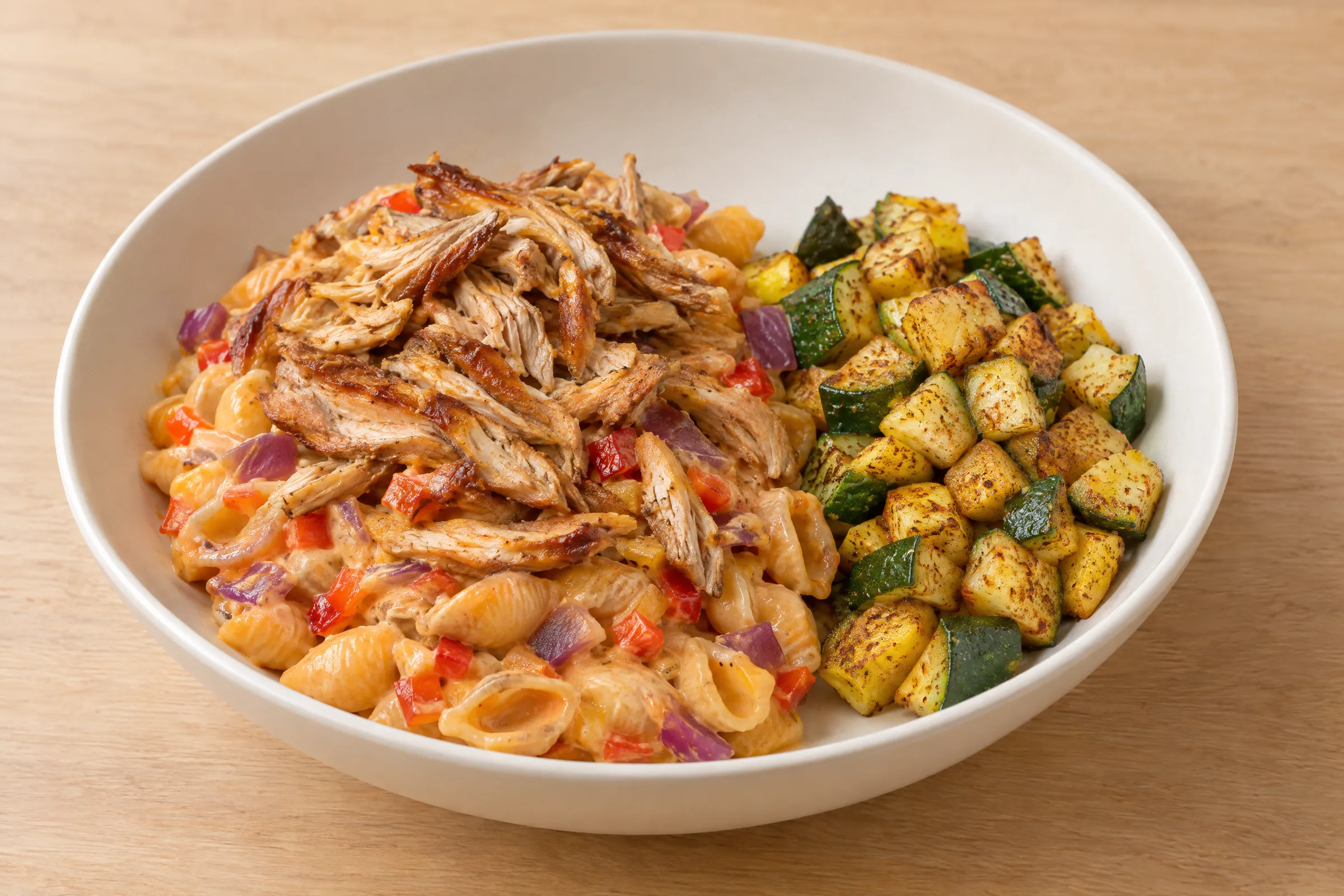 Shredded chicken over creamy cheddar shell pasta with peppers and onions, beside spiced roasted zucchini cubes. AI illustration, not a photo of the delivered meal. Appearance and portions vary.