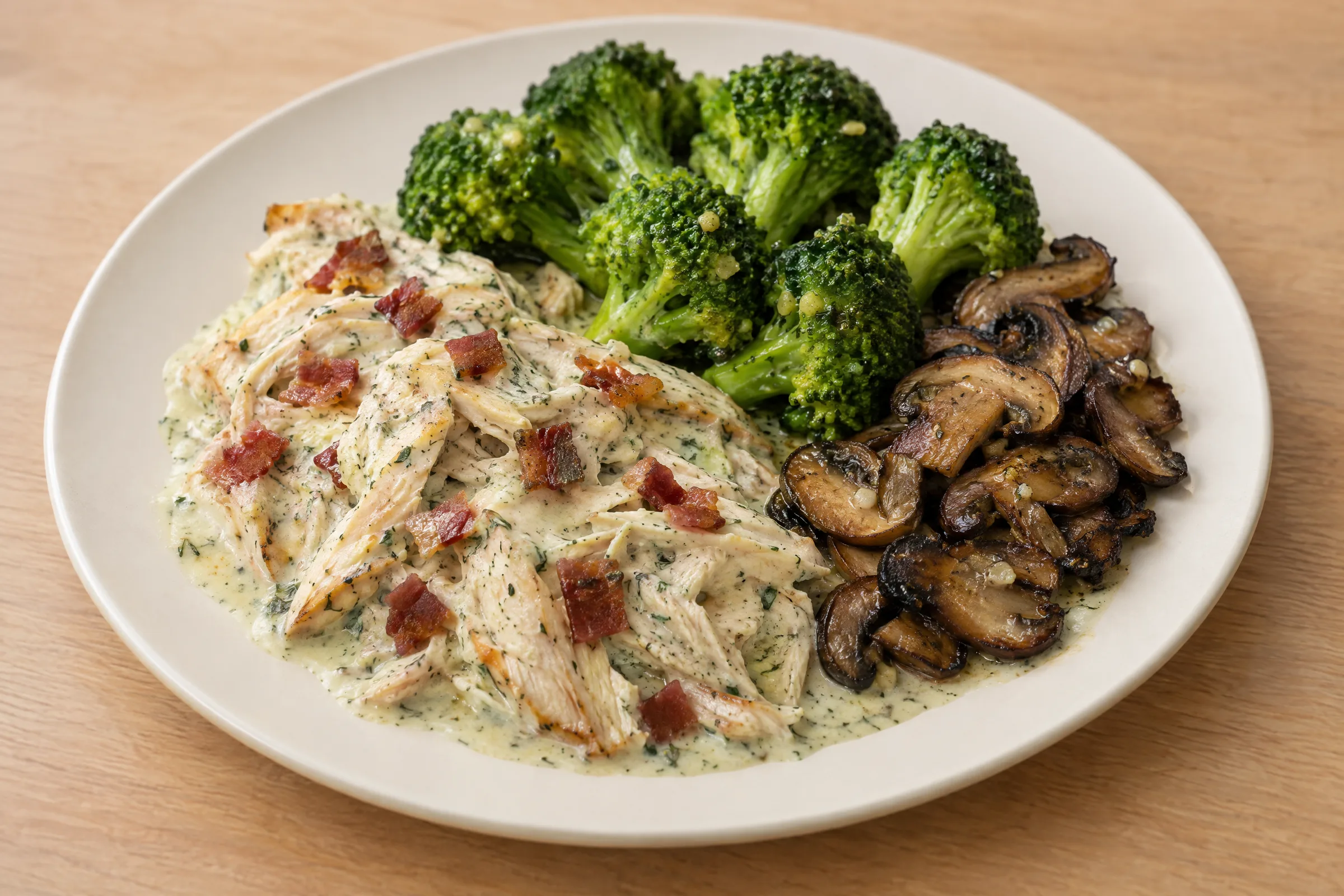 Shredded ranch chicken with bacon in creamy herb sauce, green broccoli florets, and dark roasted mushrooms. AI illustration, not a photo of the delivered meal. Appearance and portions vary.