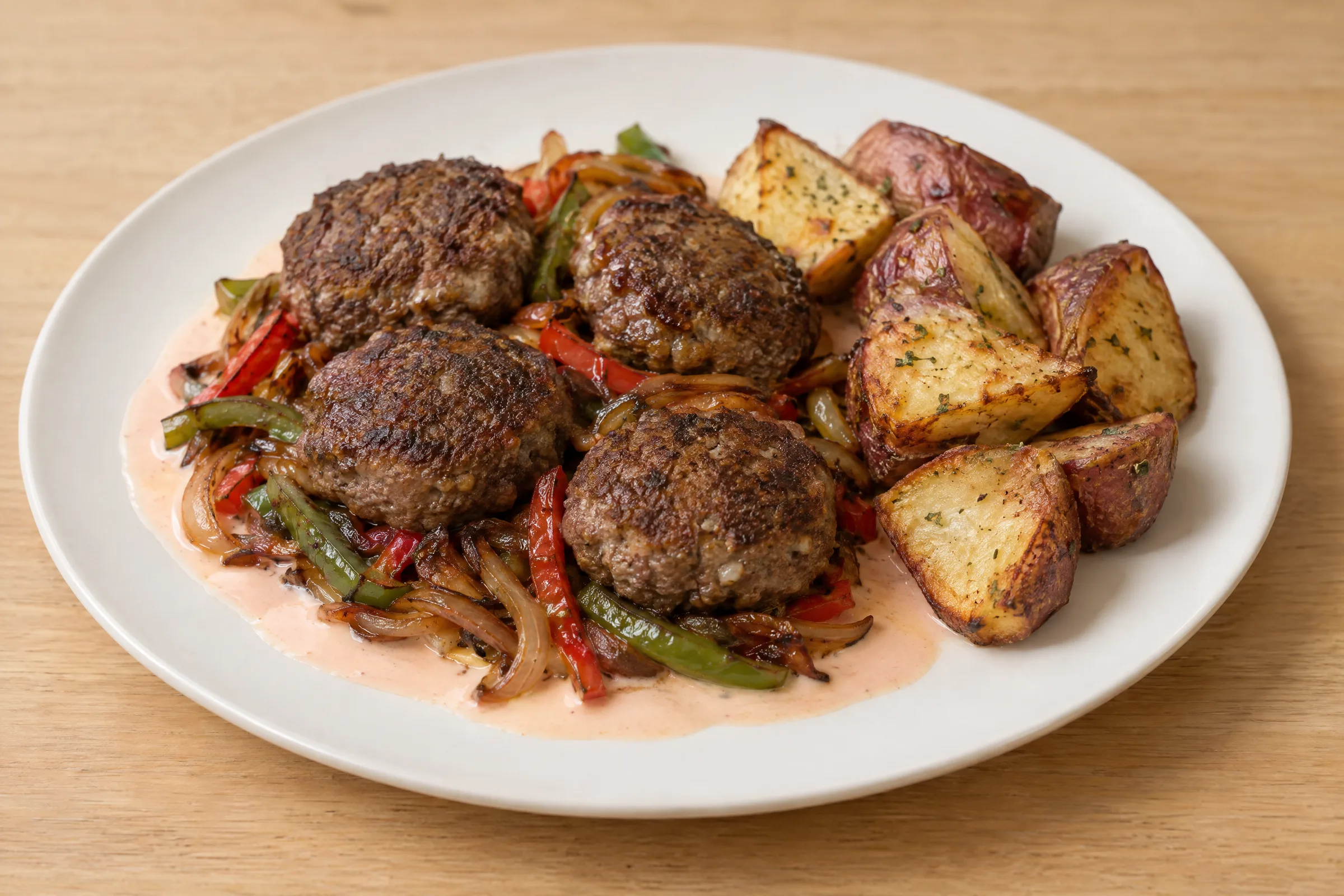 Four browned cheesy beef meatballs over peppers and onions in cream sauce, with roasted red potatoes. AI illustration, not a photo of the delivered meal. Appearance and portions vary.