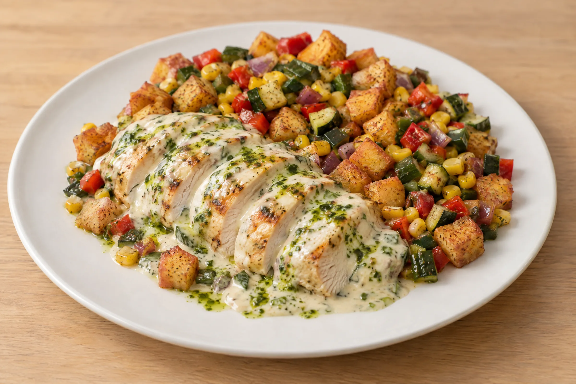 Sliced grilled chicken breast under creamy poblano cheese sauce with roasted potatoes, peppers, squash and corn. AI illustration, not a photo of the delivered meal. Appearance and portions vary.