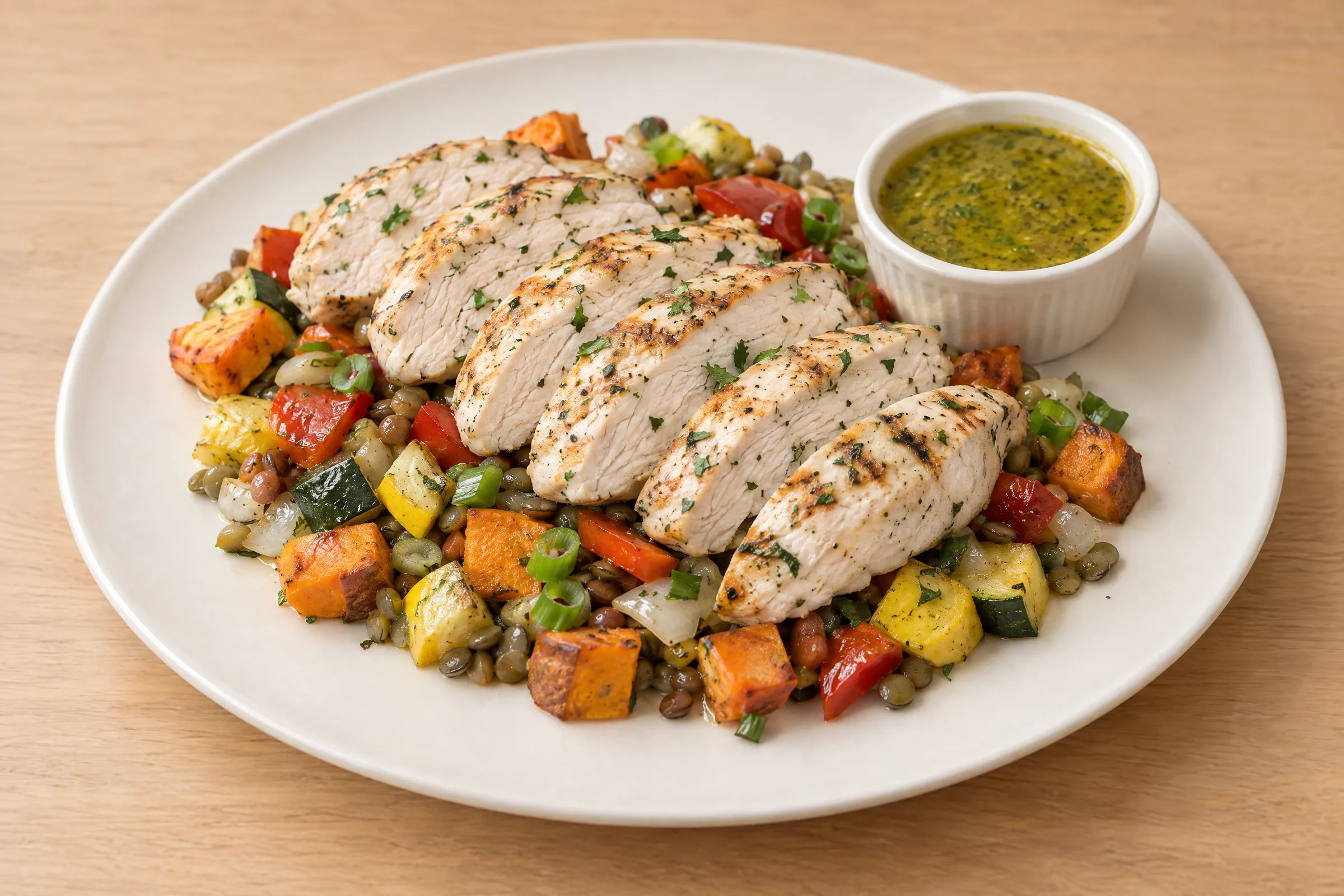 Sliced grilled chicken breast over roasted sweet potatoes, lentils, zucchini and squash, with green chermoula sauce on the side. AI illustration, not a photo of the delivered meal. Appearance and portions vary.