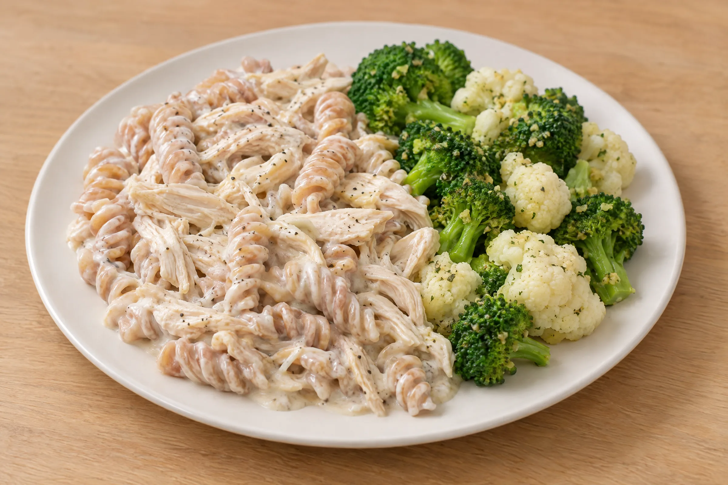 Creamy Alfredo fusilli with shredded chicken next to garlicky steamed broccoli and cauliflower florets. AI illustration, not a photo of the delivered meal. Appearance and portions vary.