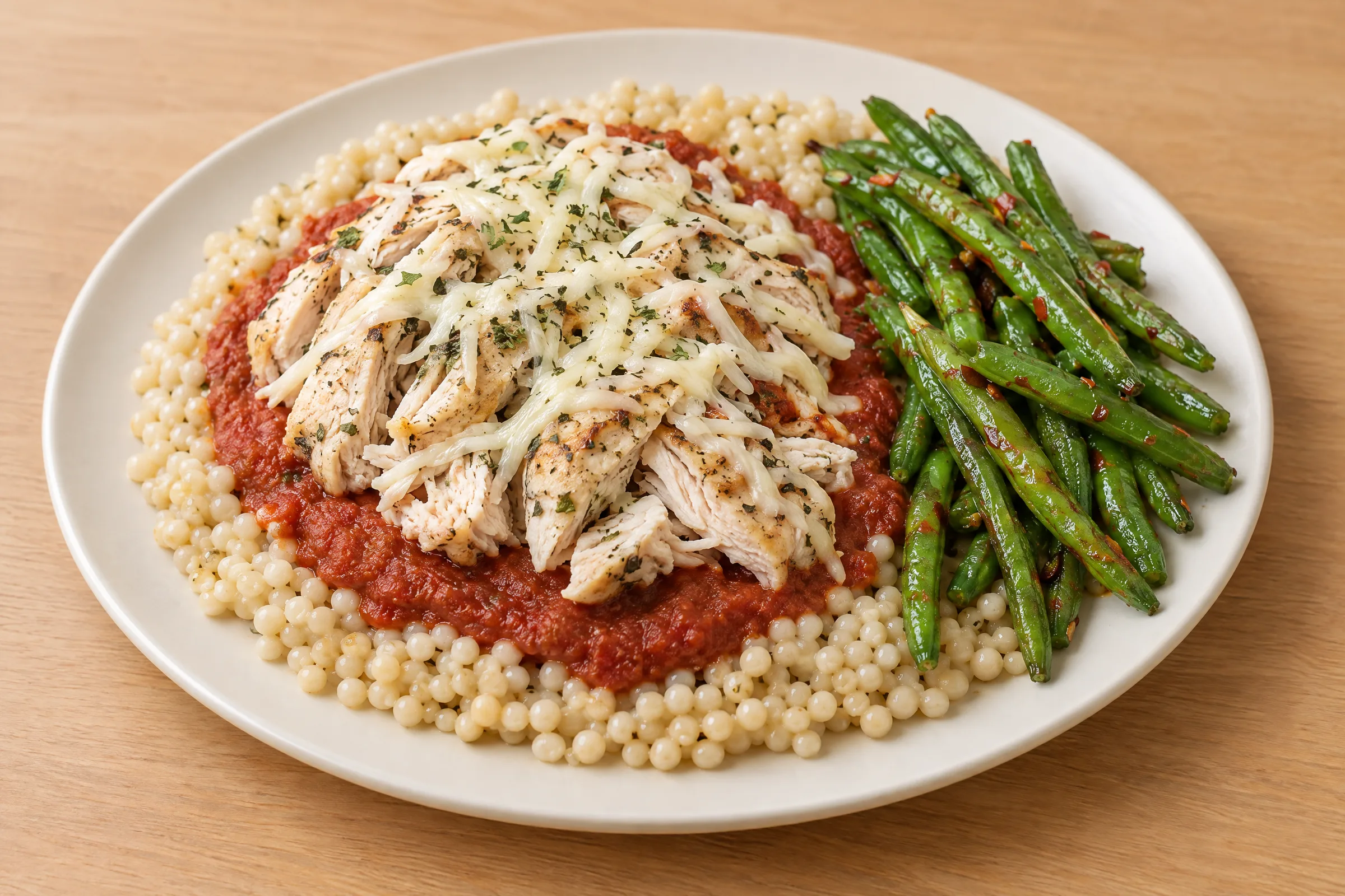 Sliced chicken breast with melted mozzarella on tomato sauce over pearl couscous, with chile-flecked green beans. AI illustration, not a photo of the delivered meal. Appearance and portions vary.