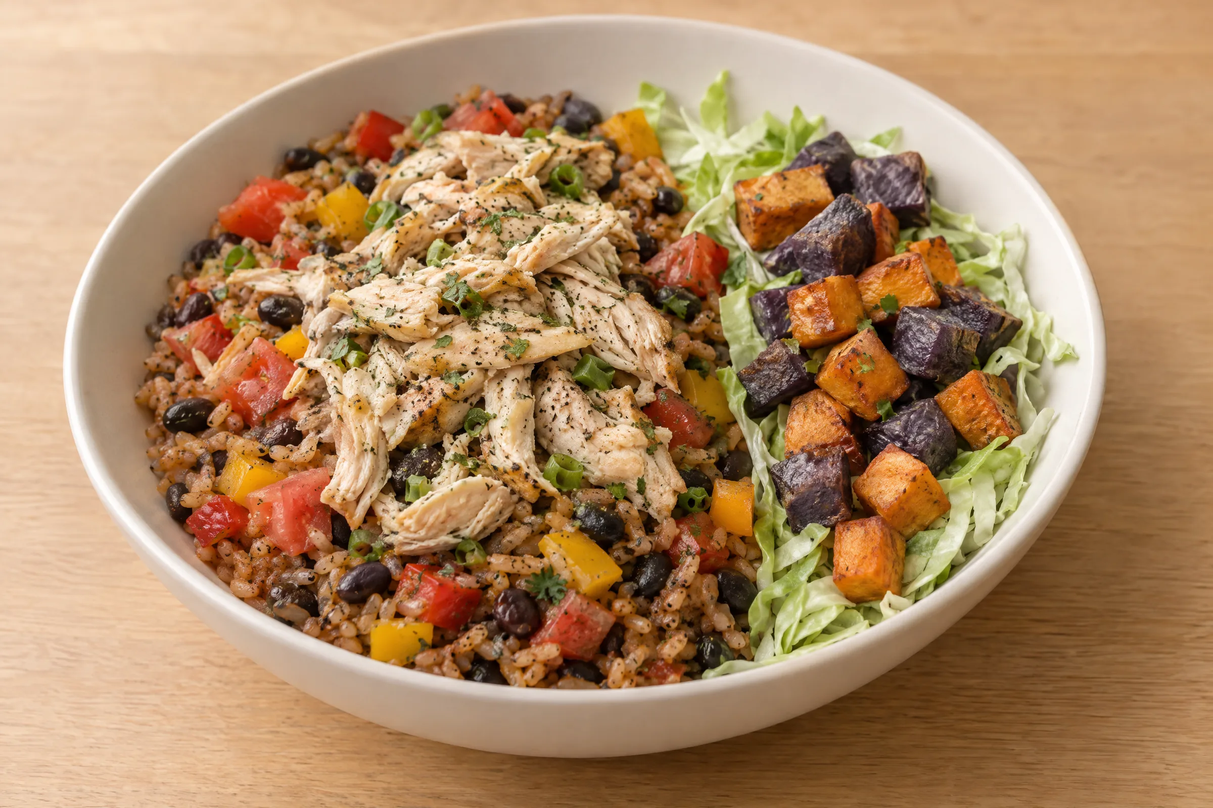 Shredded chicken over tomato rice with black beans, fresh pico, roasted sweet and purple potatoes, and shredded cabbage. AI illustration, not a photo of the delivered meal. Appearance and portions vary.