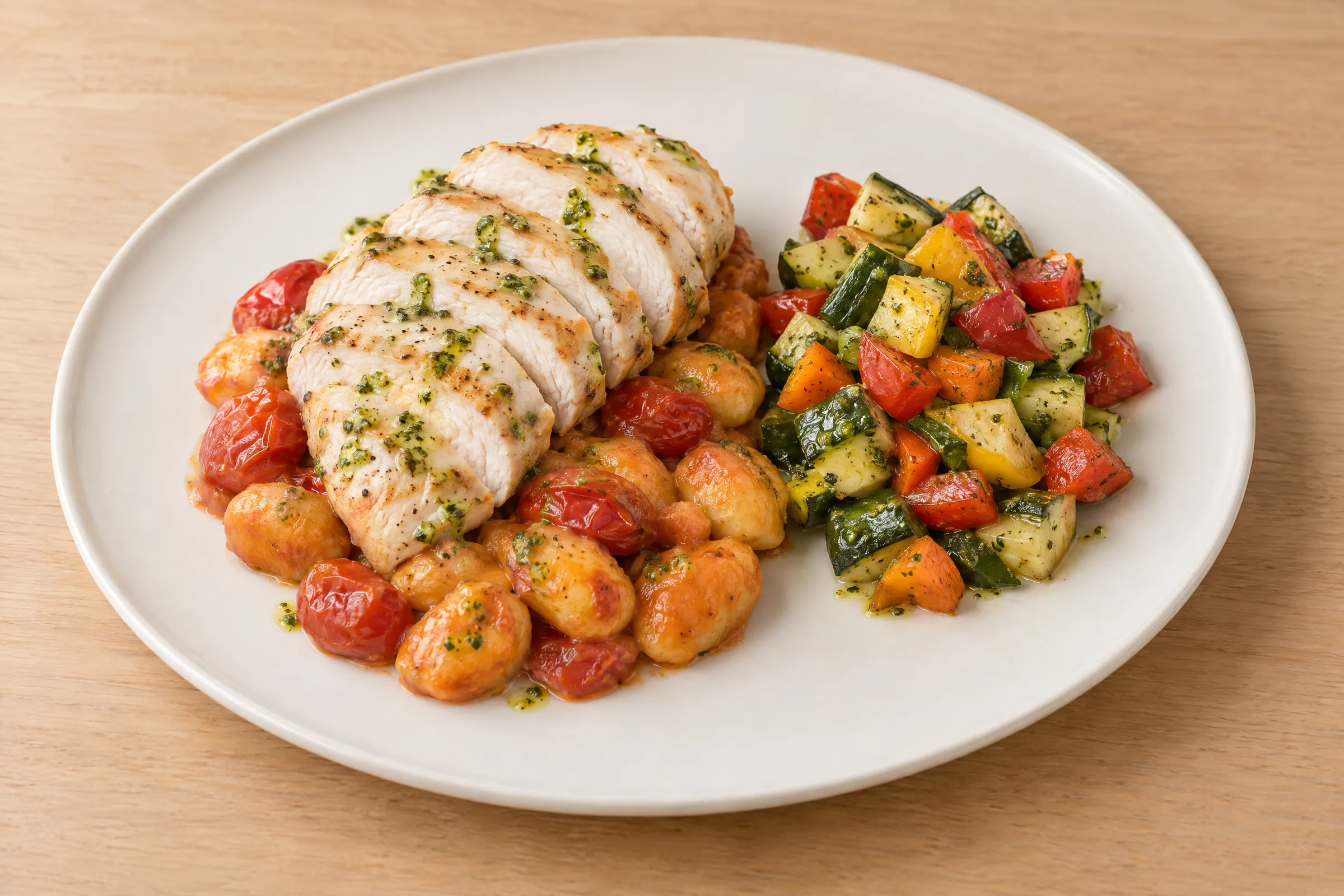 Sliced grilled chicken breast over gnocchi in creamy tomato sauce with roasted tomatoes and diced pesto squash medley. AI illustration, not a photo of the delivered meal. Appearance and portions vary.