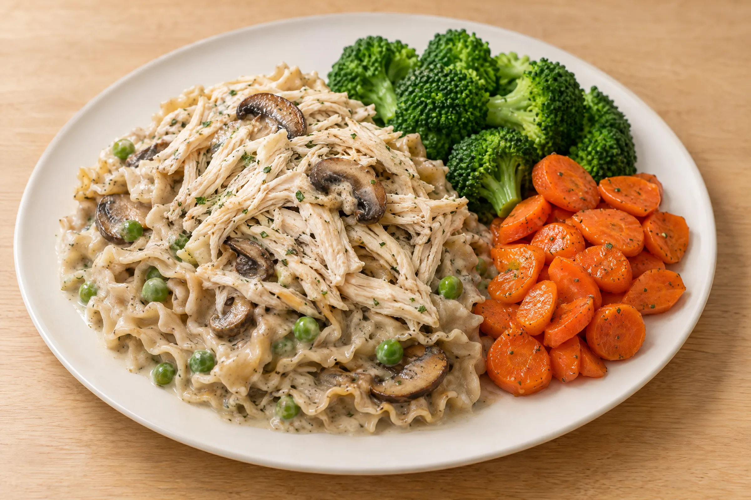 Shredded chicken over creamy pasta with mushrooms and peas, with broccoli florets and carrot coins alongside. AI illustration, not a photo of the delivered meal. Appearance and portions vary.