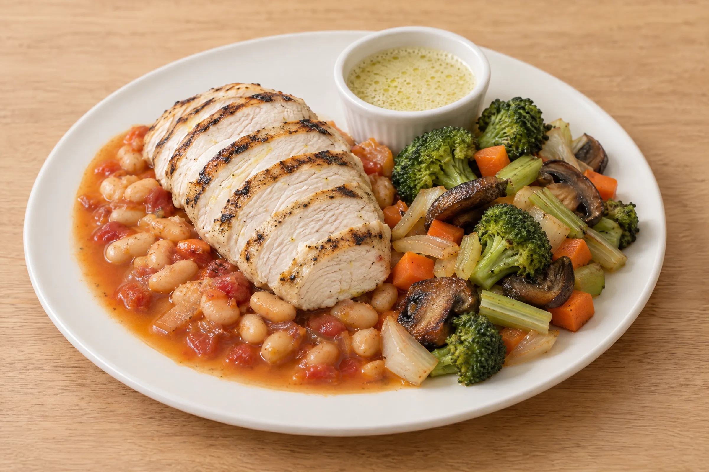 Sliced grilled chicken breast over white beans in tomato broth with broccoli, mushrooms, carrots and mustard vinaigrette. AI illustration, not a photo of the delivered meal. Appearance and portions vary.