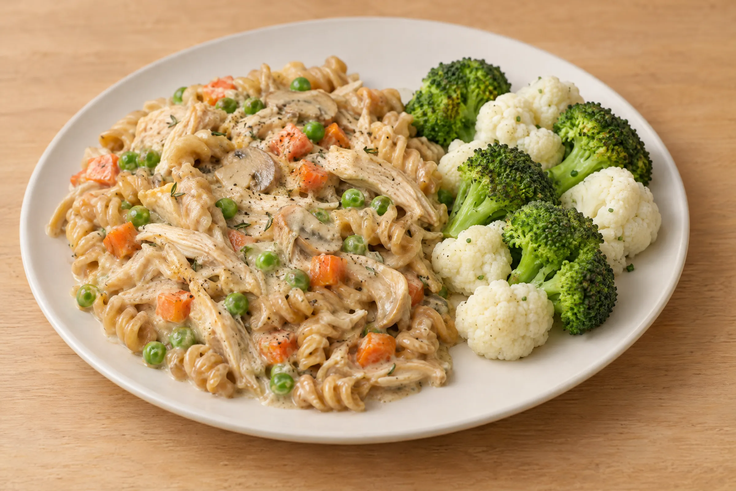 Creamy lentil fusilli with shredded chicken, peas and carrots, served beside broccoli and cauliflower florets. AI illustration, not a photo of the delivered meal. Appearance and portions vary.