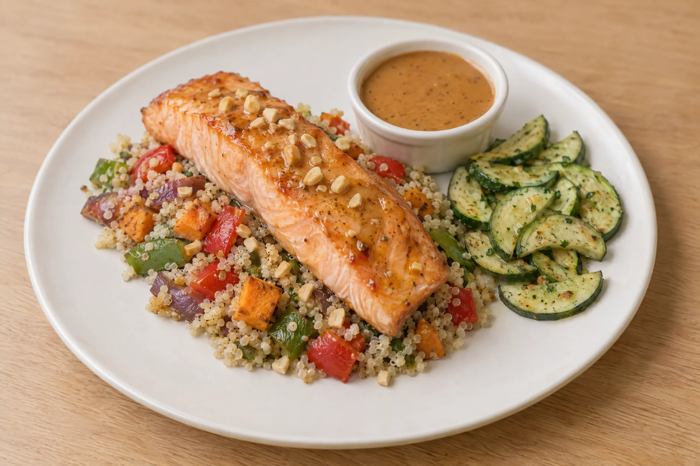 A glazed salmon fillet on quinoa with sweet potato and peppers, roasted zucchini, and peanut sauce. AI illustration, not a photo of the delivered meal. Appearance and portions vary.