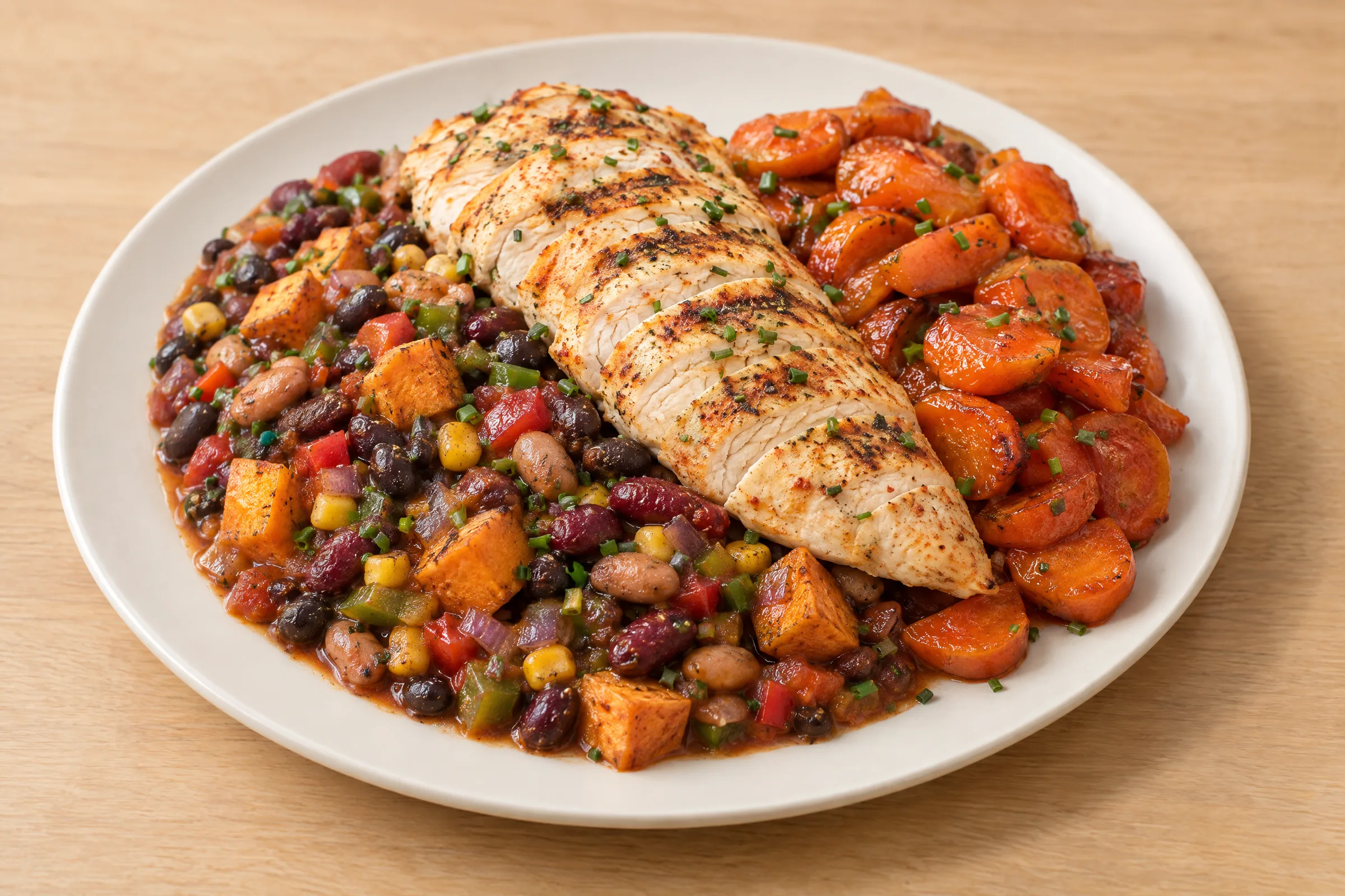Sliced grilled chili-rubbed chicken breast over a bean, corn and sweet potato chili with glazed carrots. AI illustration, not a photo of the delivered meal. Appearance and portions vary.