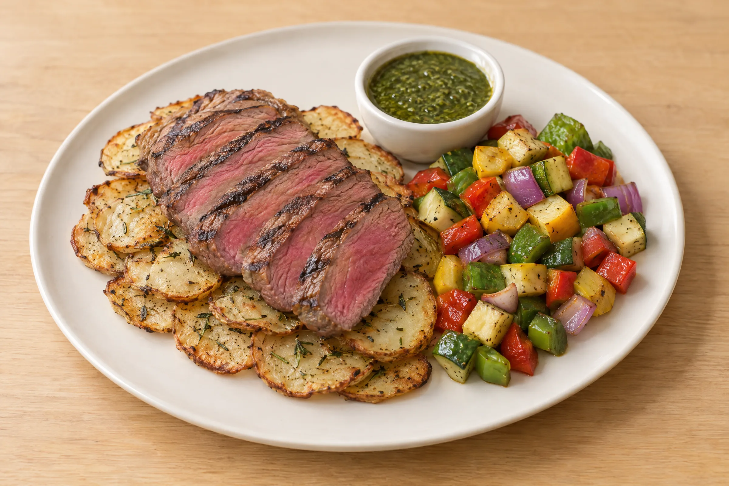 Sliced medium-rare filet mignon over roasted potato rounds with zucchini, squash, peppers, onions and chimichurri. AI illustration, not a photo of the delivered meal. Appearance and portions vary.