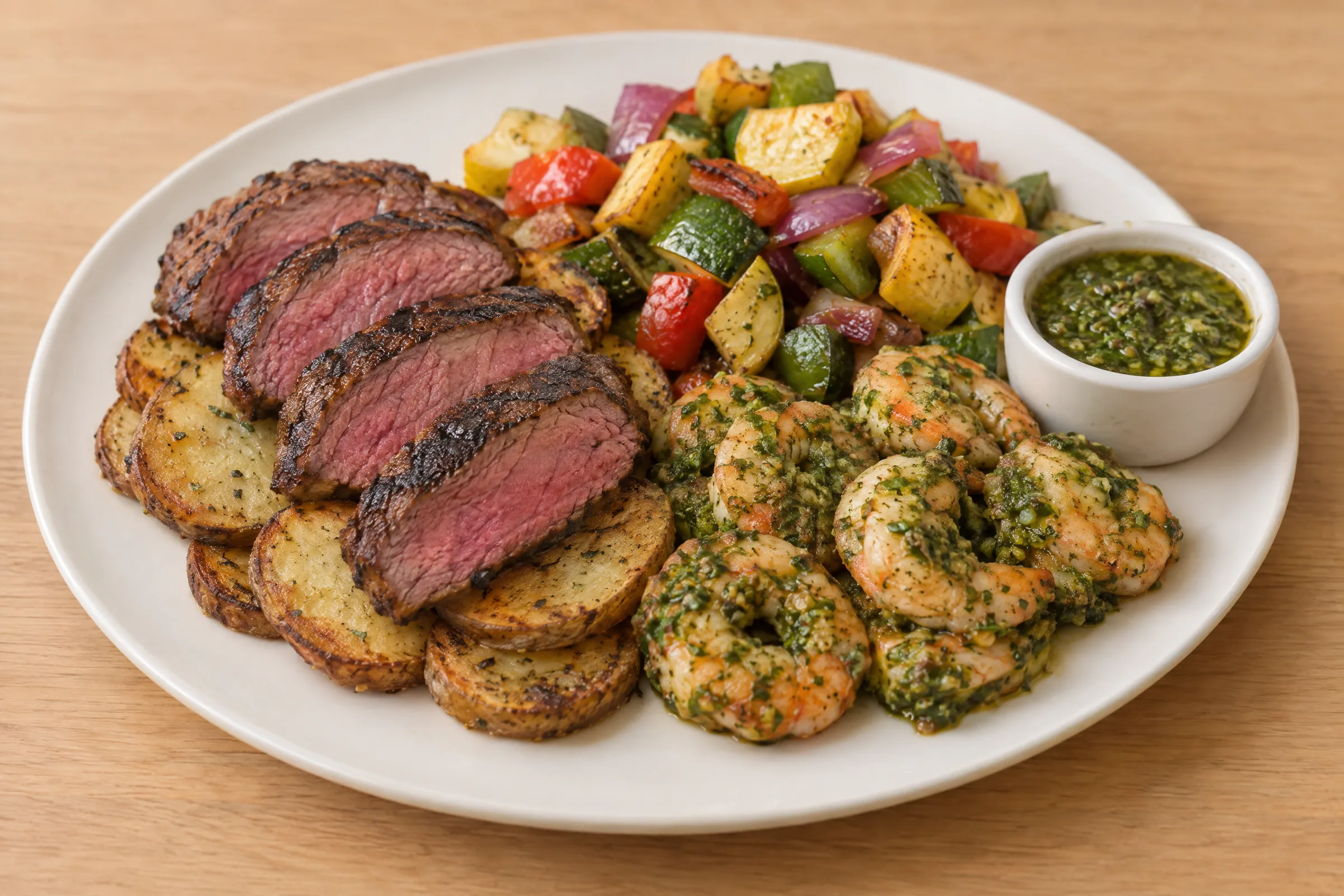 Sliced medium-rare filet mignon over roasted potato rounds with chimichurri shrimp, squash and pepper sofrito, and a cup of chimichurri. AI illustration, not a photo of the delivered meal. Appearance and portions vary.