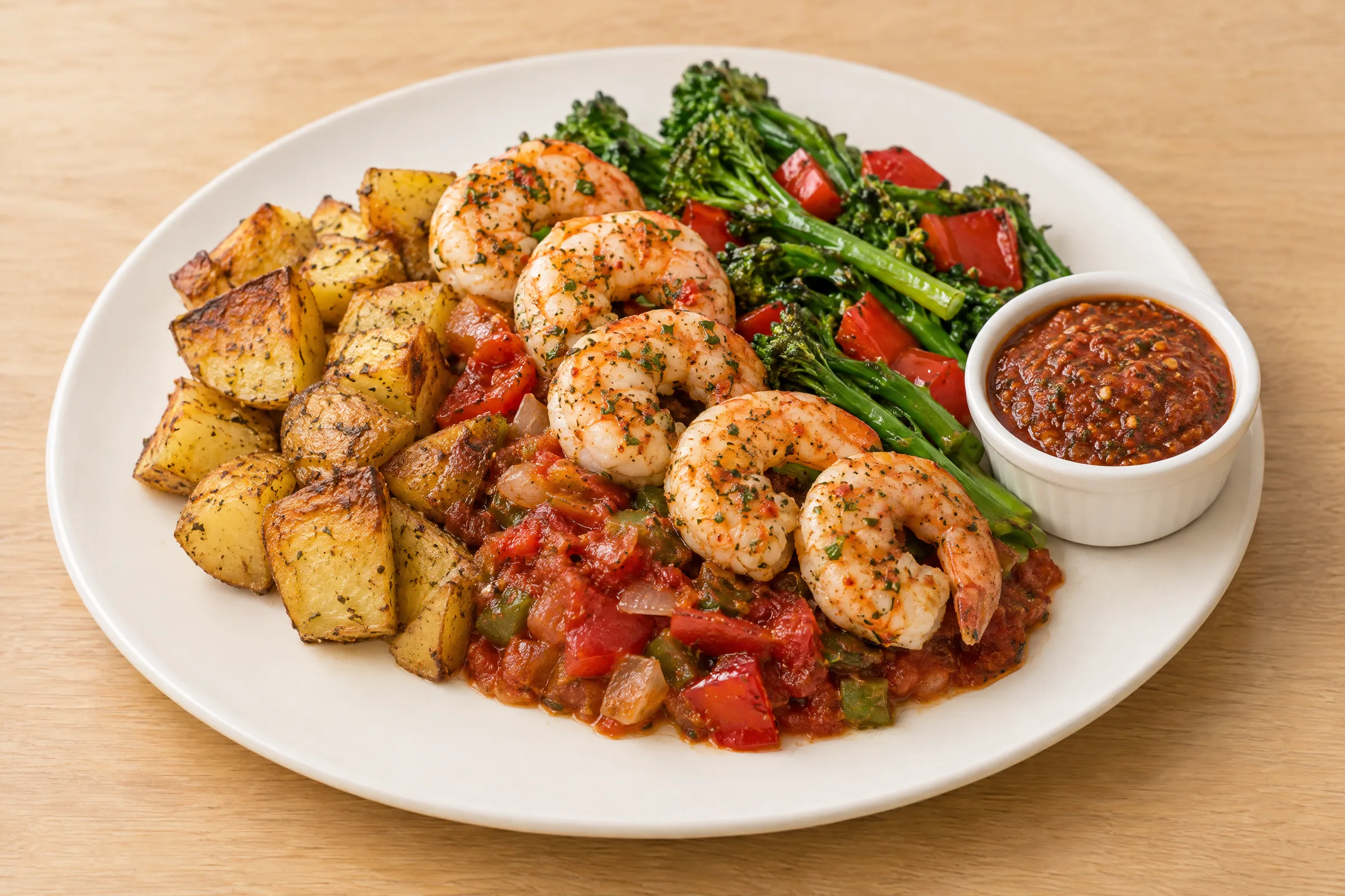 Seasoned shrimp over broccolini, roasted potatoes, red peppers and tomato sauce, with red chimichurri alongside. AI illustration, not a photo of the delivered meal. Appearance and portions vary.
