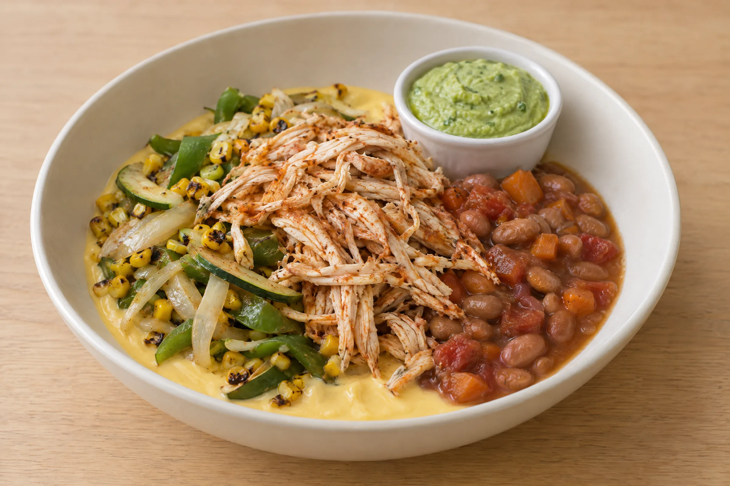 Shredded chipotle chicken over yellow queso with pinto beans, squash-and-corn vegetables, and a cup of guacamole. AI illustration, not a photo of the delivered meal. Appearance and portions vary.