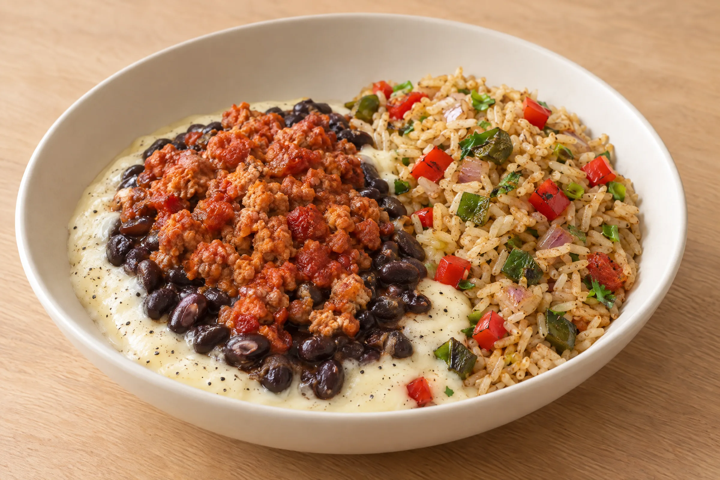 Chorizo and black beans over melted white queso, with Mexican-seasoned brown rice and diced peppers. AI illustration, not a photo of the delivered meal. Appearance and portions vary.
