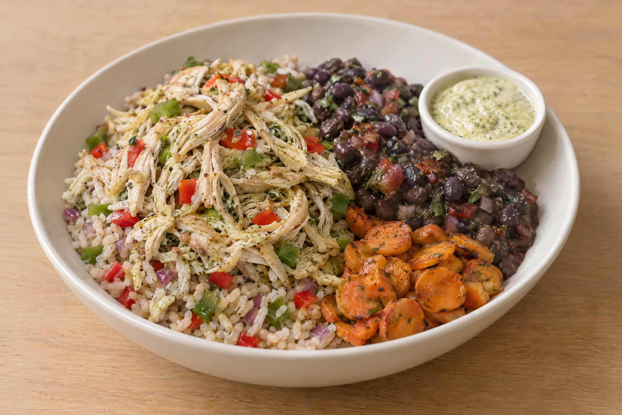 Shredded mojo chicken over coconut rice with bell peppers, black beans, roasted carrot coins, and green sauce. AI illustration, not a photo of the delivered meal. Appearance and portions vary.