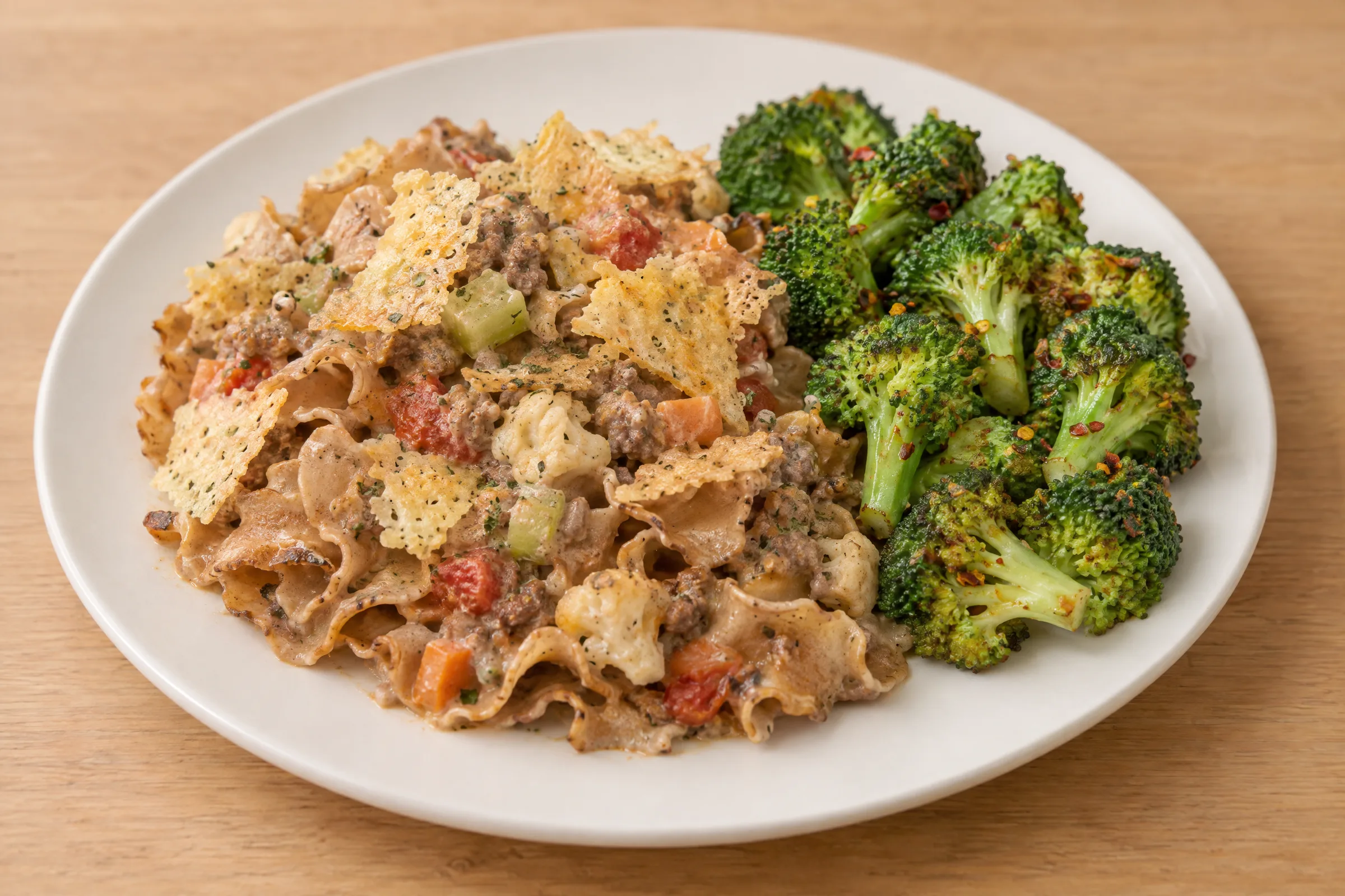 Creamy beef bolognese with ribbon pasta, diced vegetables and parmesan crisps, served beside bright green broccoli florets. AI illustration, not a photo of the delivered meal. Appearance and portions vary.