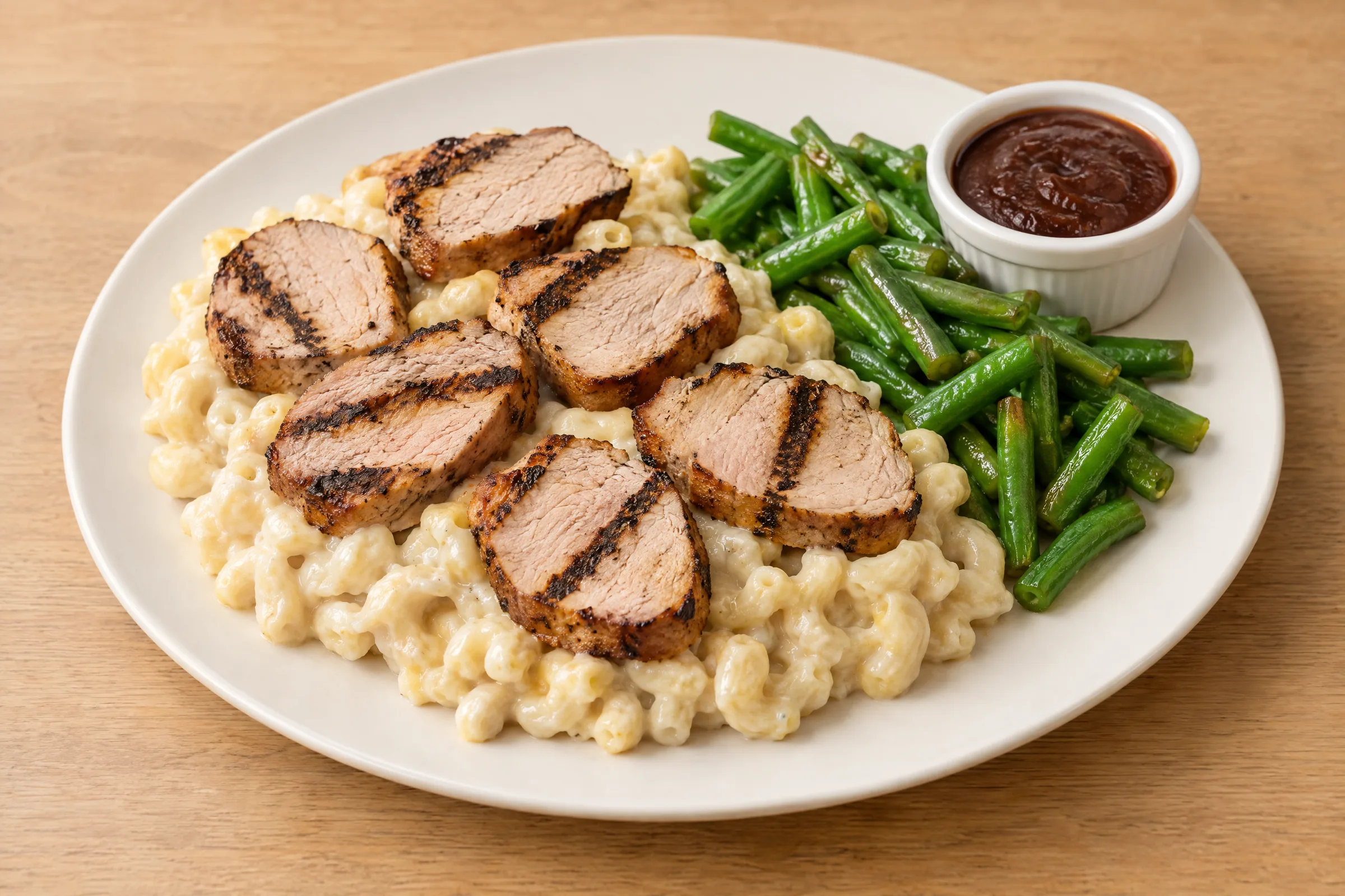 Sliced grilled pork tenderloin over white cheddar macaroni with green beans and a cup of BBQ sauce. AI illustration, not a photo of the delivered meal. Appearance and portions vary.